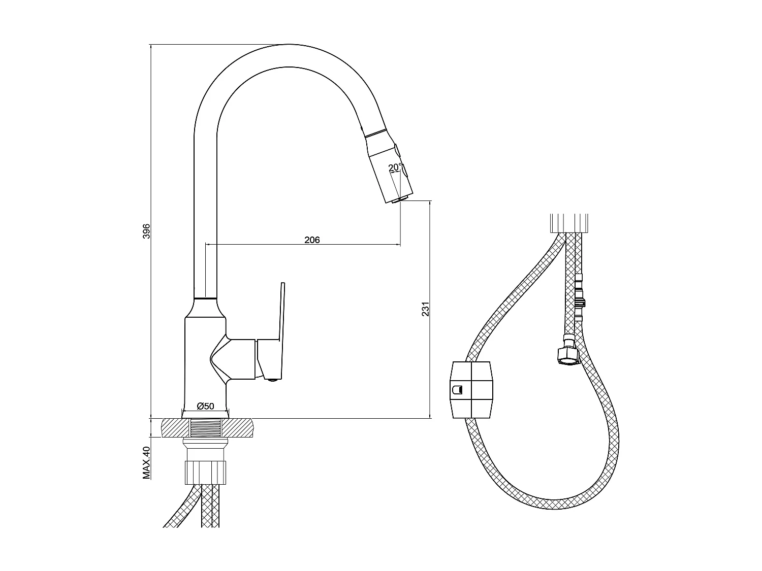 Robinet de cuisine extensible en zinc alliage avec âme en laiton, mitigeur monocommande chromé