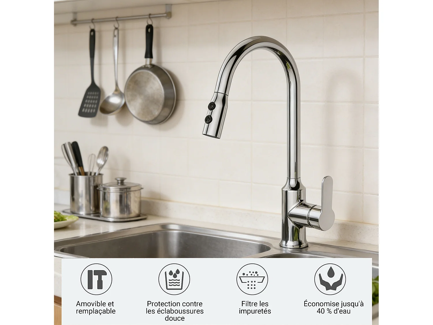Robinet de cuisine extensible en zinc alliage avec âme en laiton, mitigeur monocommande chromé