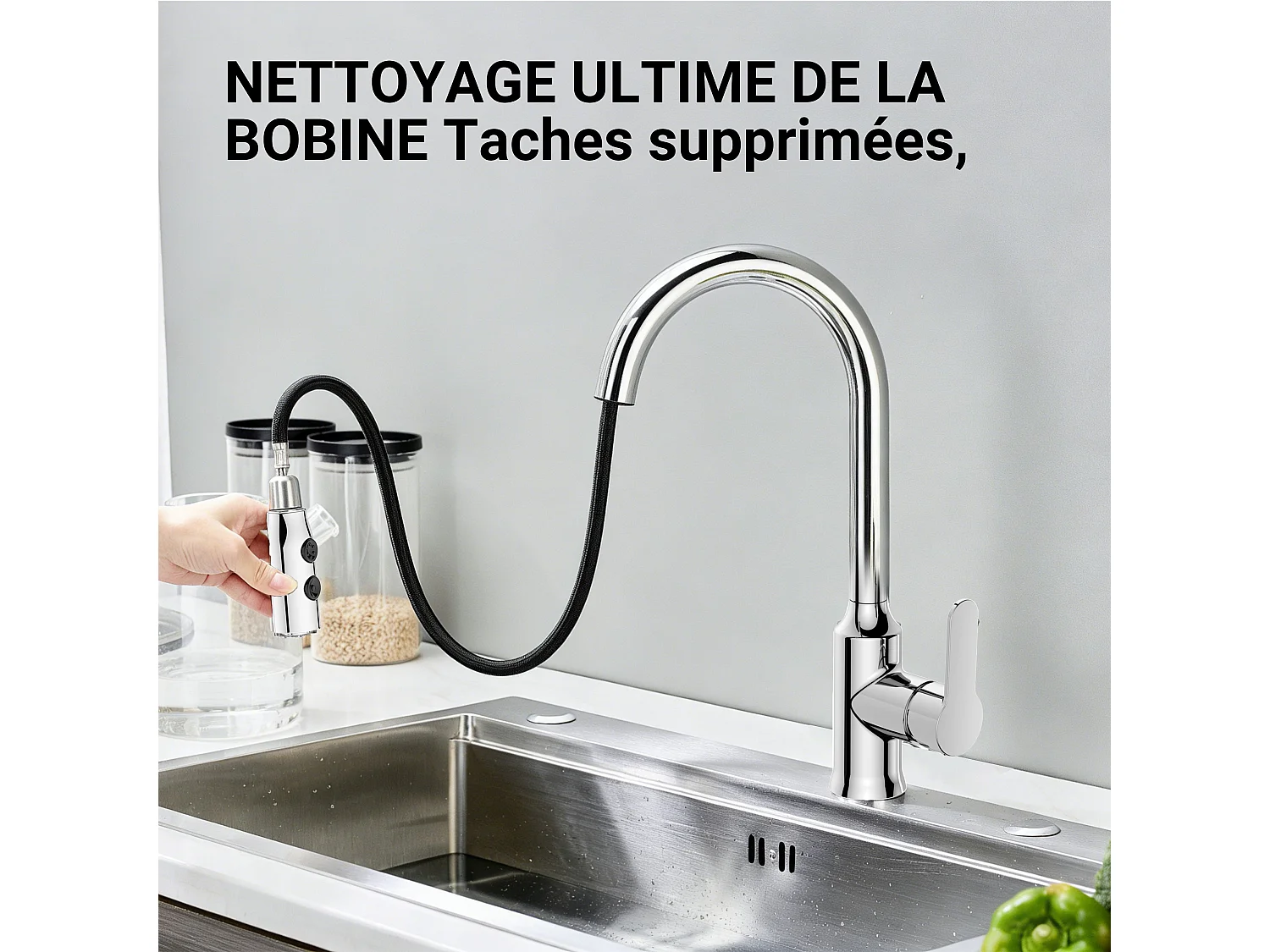 Robinet de cuisine extensible en zinc alliage avec âme en laiton, mitigeur monocommande chromé