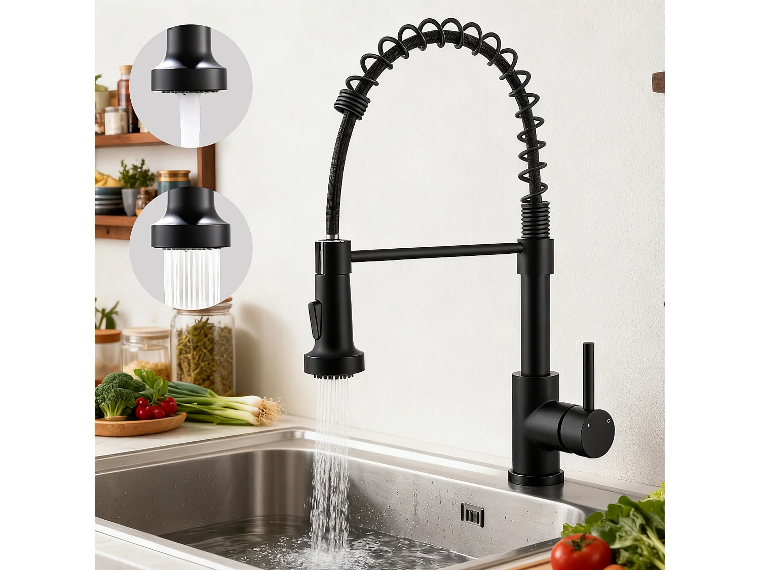 Robinet de Cuisine Haute Pression Mitigeur Amovible 360° Rotatif Ressort Spiralé Finition Noire Mate