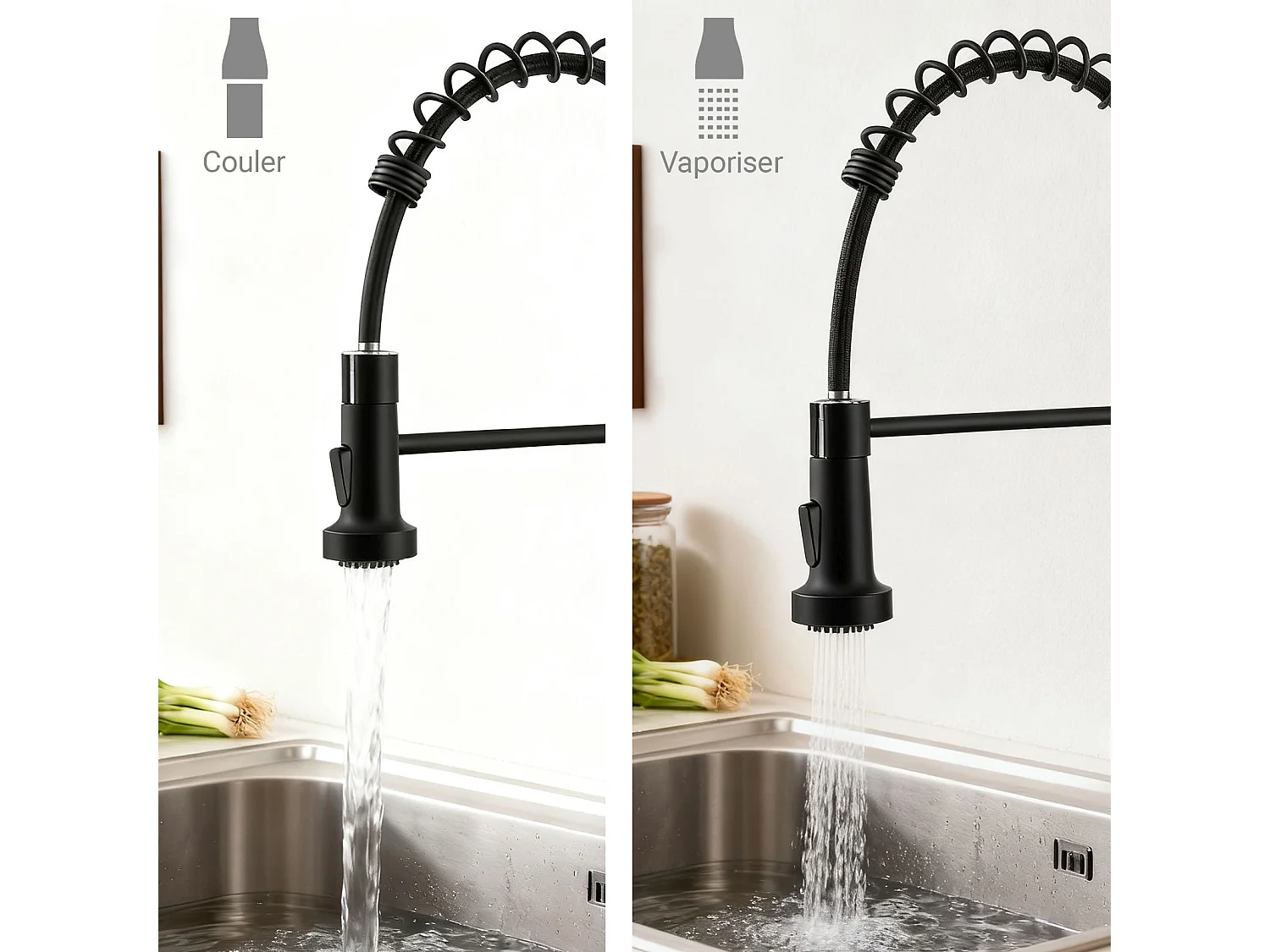 Robinet de Cuisine Haute Pression Mitigeur Amovible 360° Rotatif Ressort Spiralé Finition Noire Mate