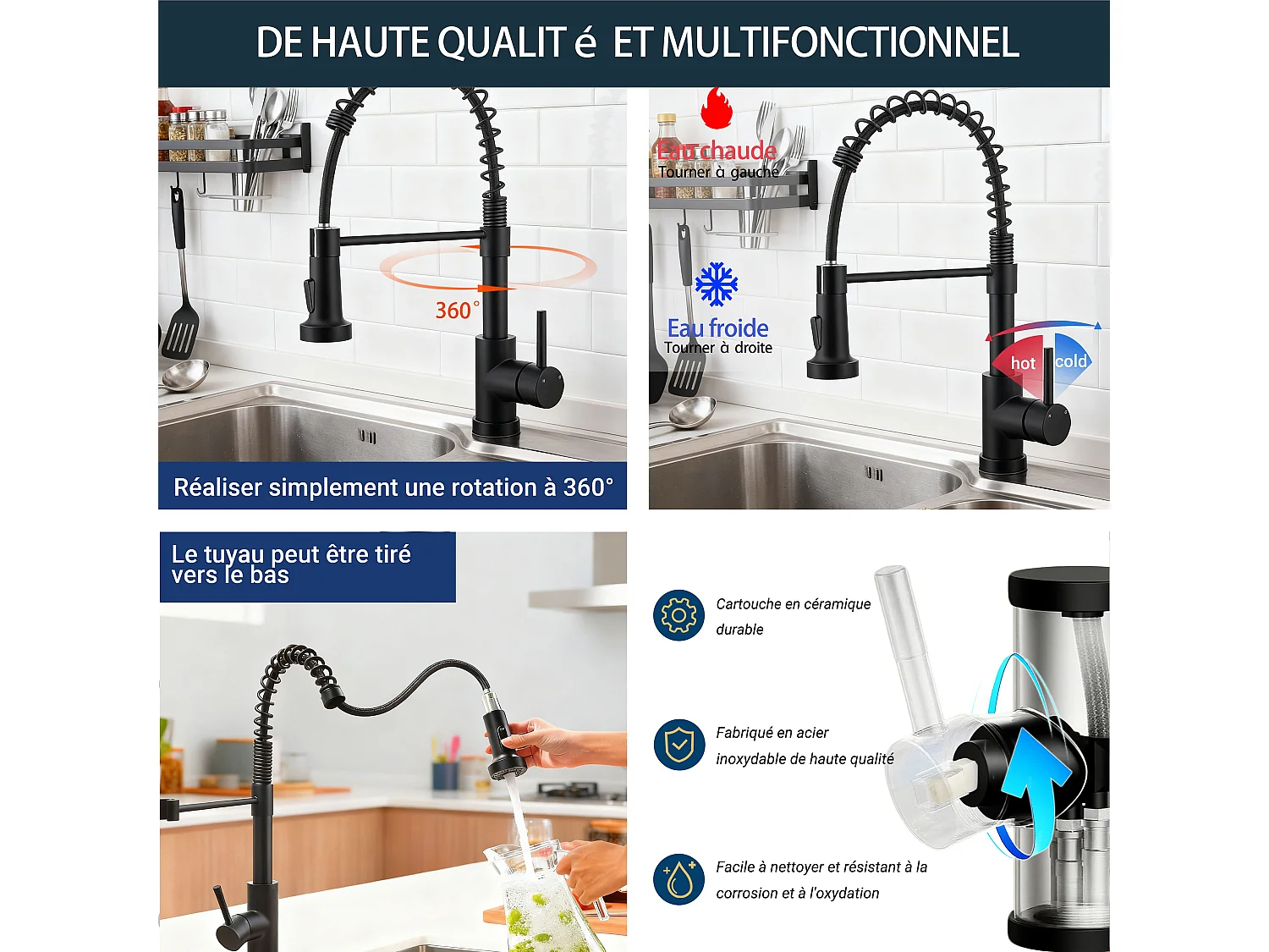 Robinet de Cuisine Haute Pression Mitigeur Amovible 360° Rotatif Ressort Spiralé Finition Noire Mate