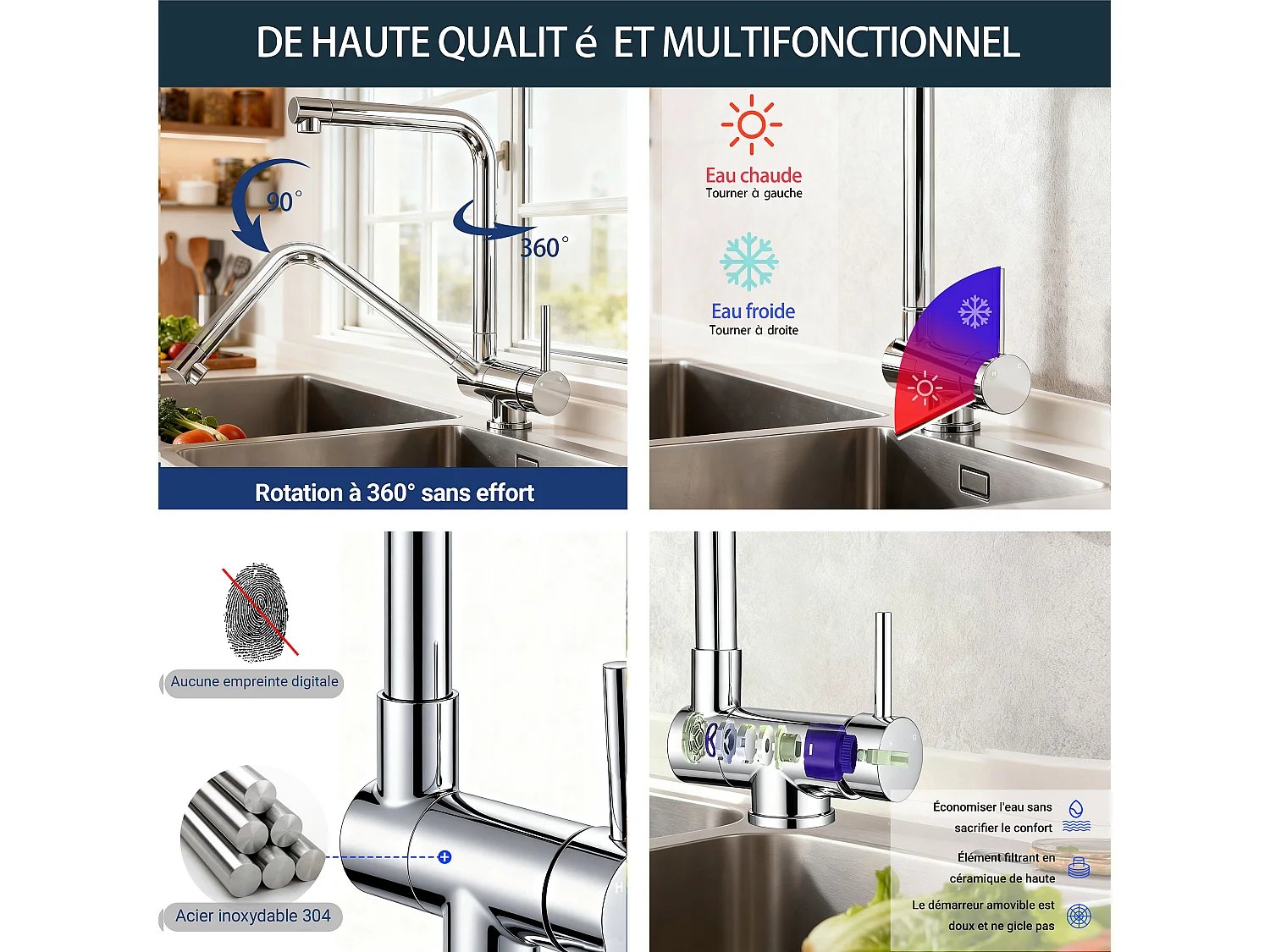 Robinet de Cuisine Chromé Pliable Rotatif à 360°, en Acier Inoxydable 304 Résistant à la Haute Pression