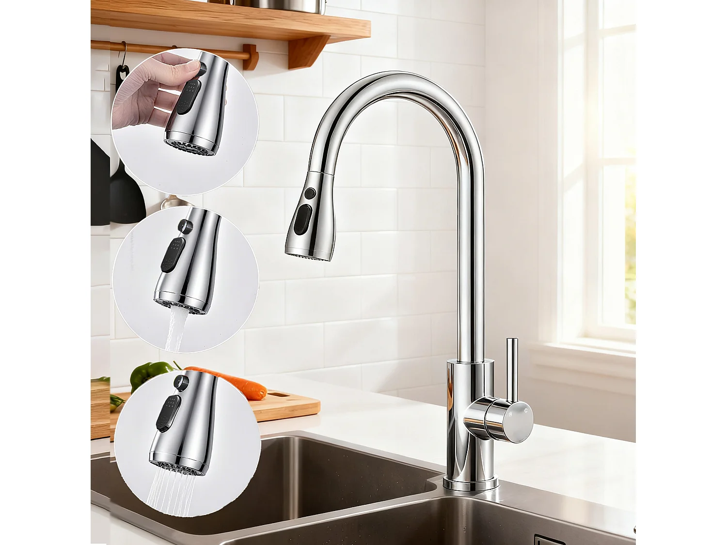 Robinet de Cuisine 2 Modes Débit Eau Extractible 360° Rotatif Mitigeur Monocommande Finition Chromée