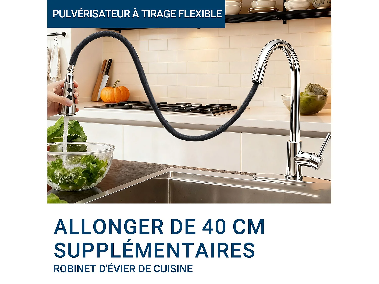 Robinet de Cuisine 2 Modes Débit Eau Extractible 360° Rotatif Mitigeur Monocommande Finition Chromée