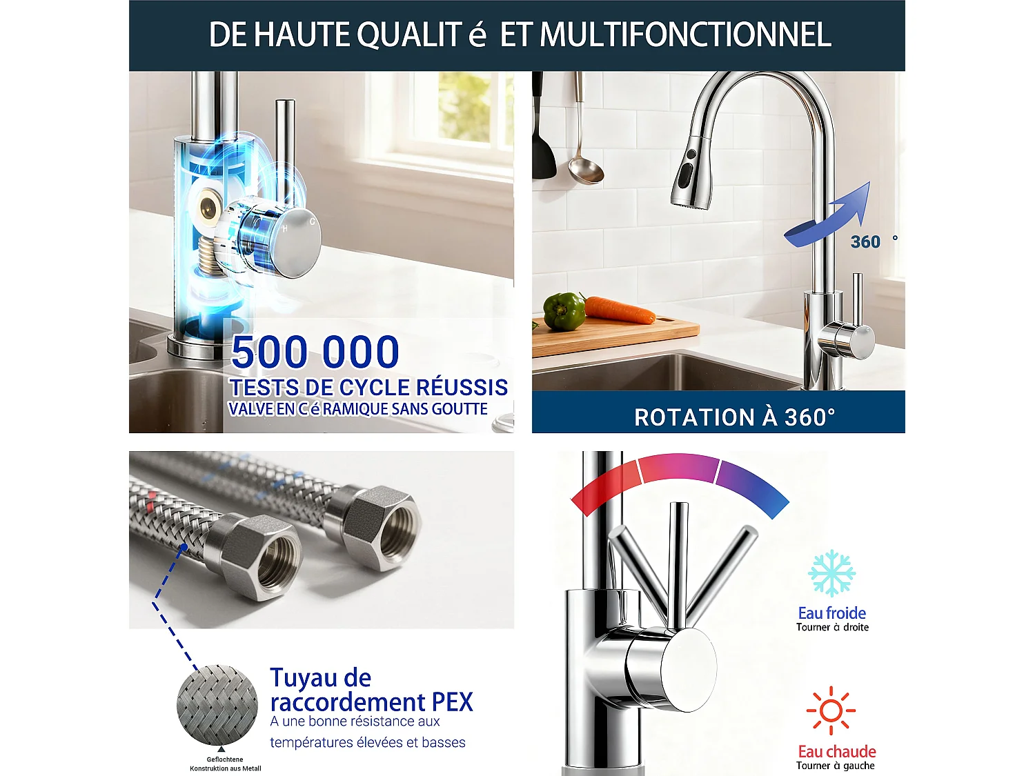 Robinet de Cuisine 2 Modes Débit Eau Extractible 360° Rotatif Mitigeur Monocommande Finition Chromée