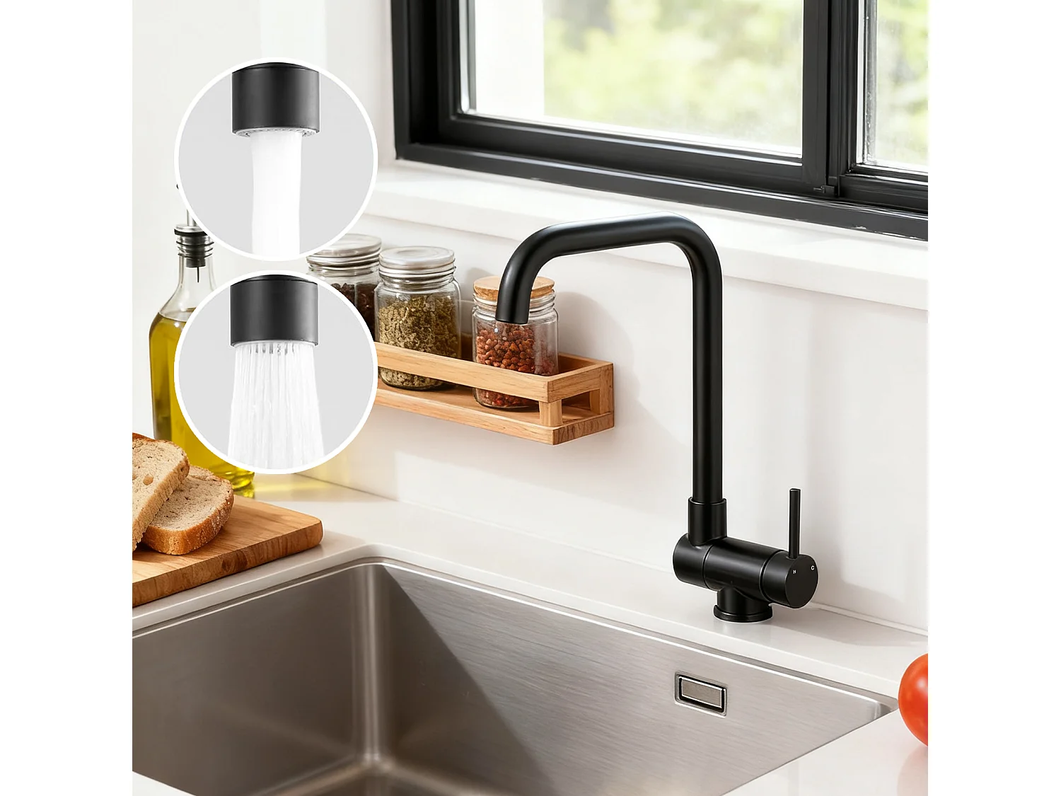 Robinet de Cuisine Noir à Double Fonction Rotatif à 360° et Inclinable en Acier Inoxydable 304 avec Soupape en Céramique