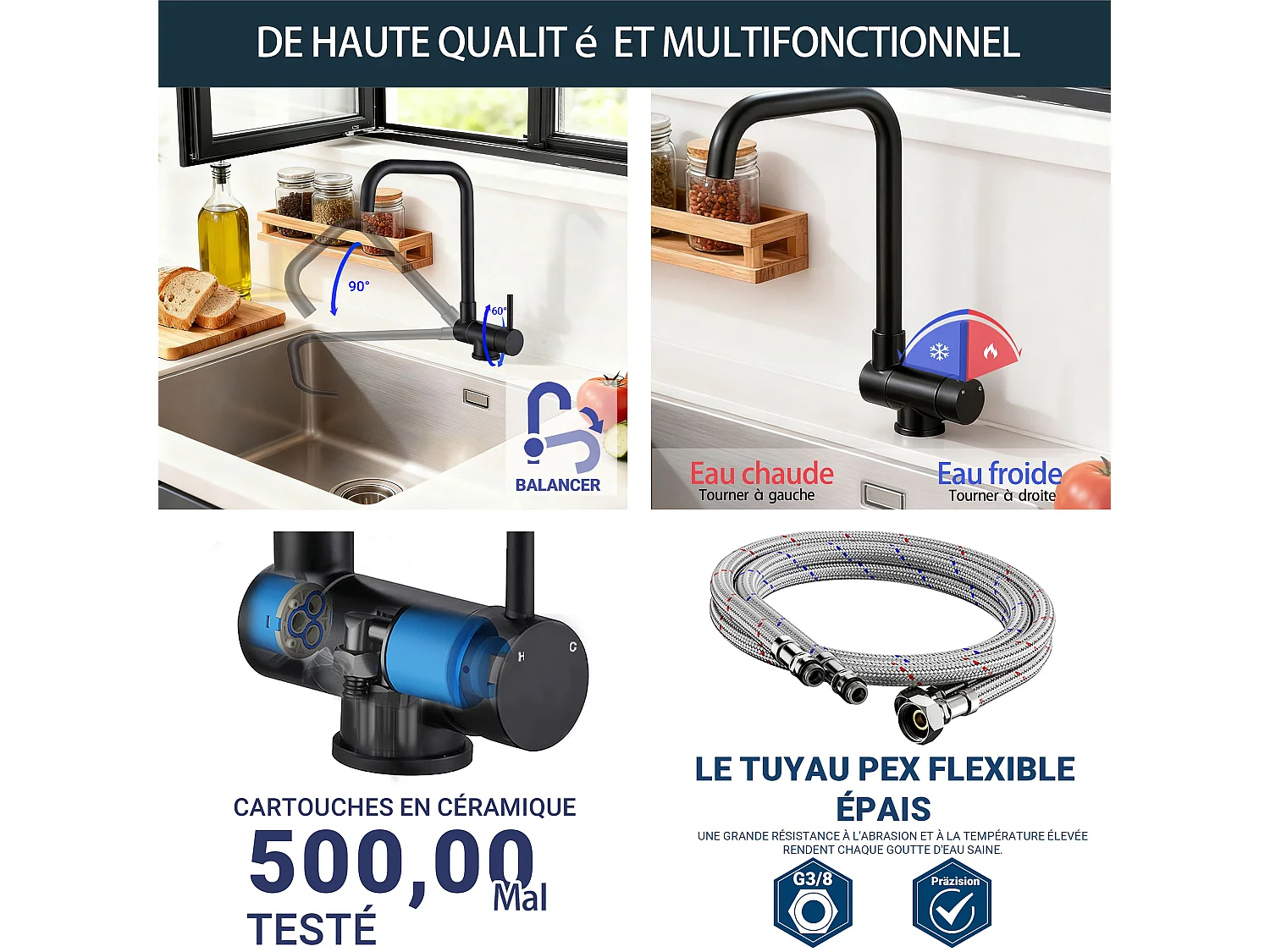 Robinet de Cuisine Noir à Double Fonction Rotatif à 360° et Inclinable en Acier Inoxydable 304 avec Soupape en Céramique