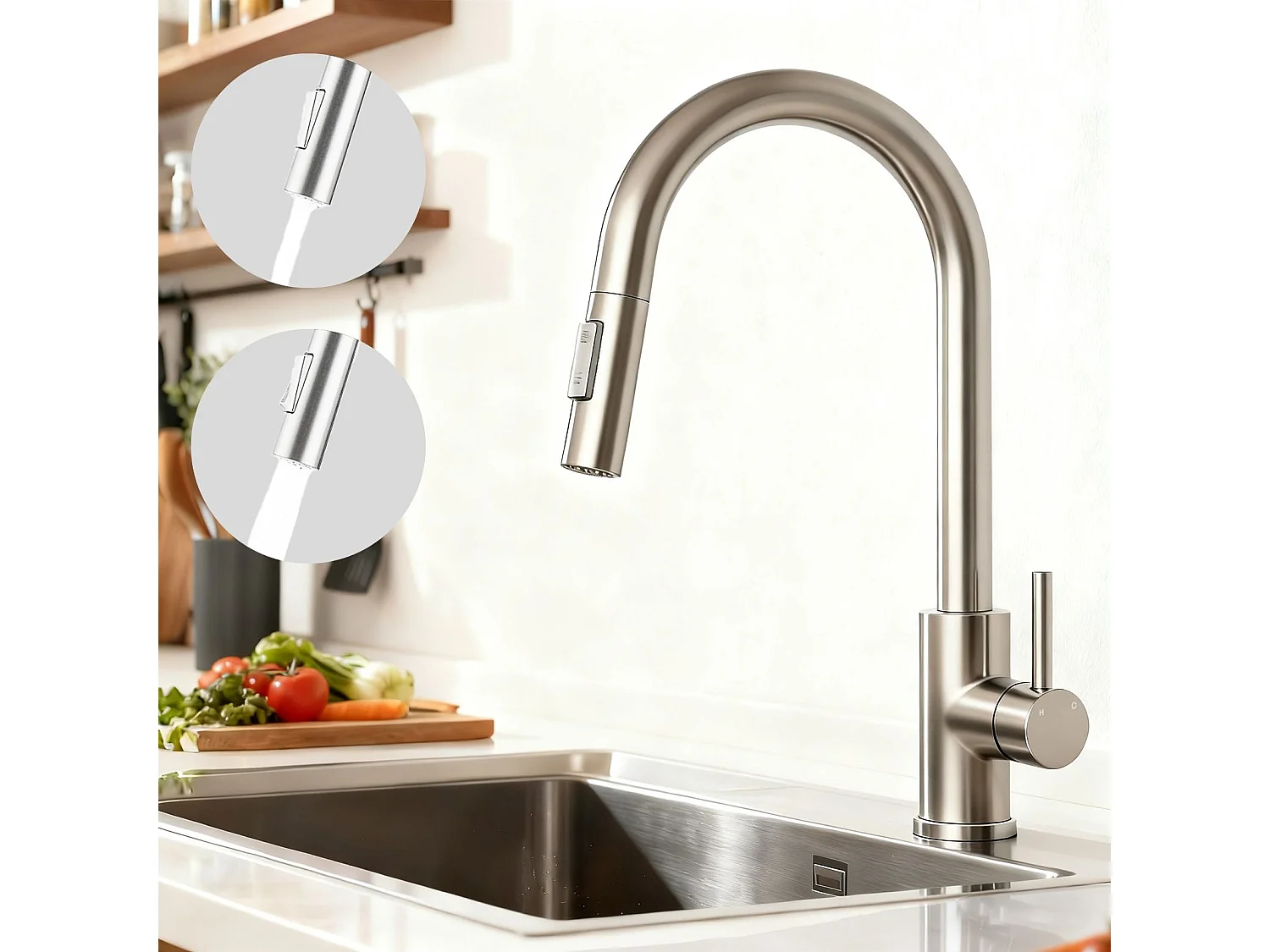 Robinet de Cuisine à Douche Colonne 2 Modes Débit Eau Extractible 360° Rotatif Monocommande Finition Brossée