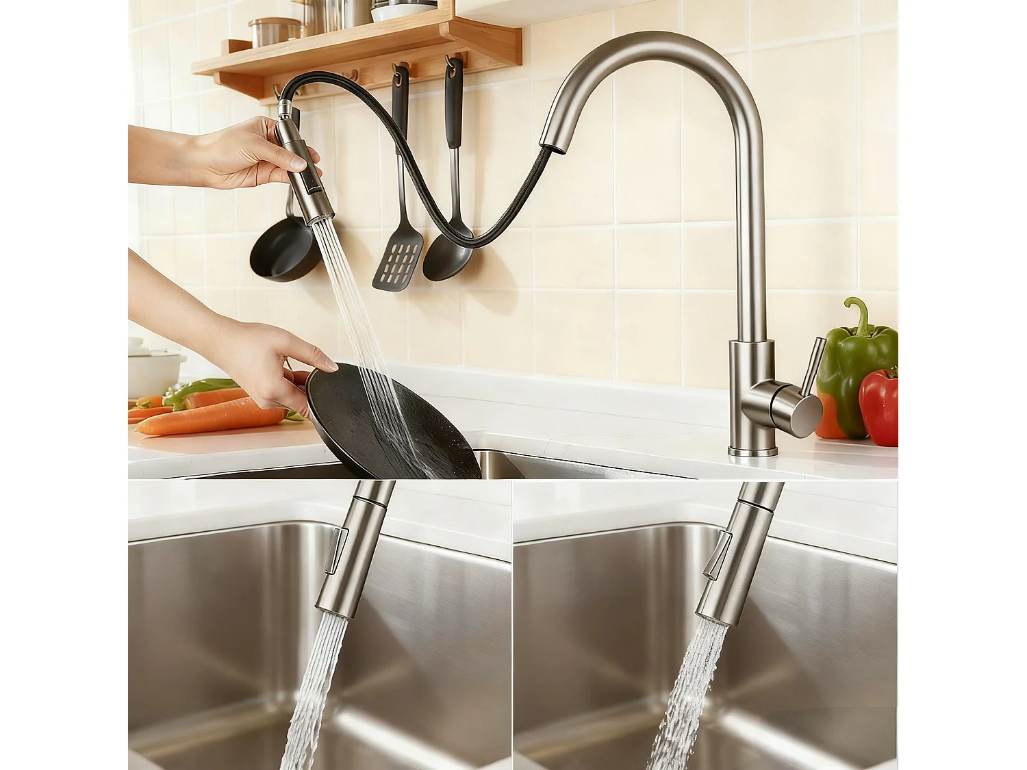 Robinet de Cuisine à Douche Colonne 2 Modes Débit Eau Extractible 360° Rotatif Monocommande Finition Brossée
