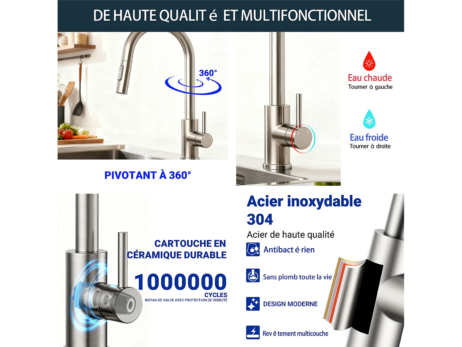 Robinet de Cuisine à Douche Colonne 2 Modes Débit Eau Extractible 360° Rotatif Monocommande Finition Brossée