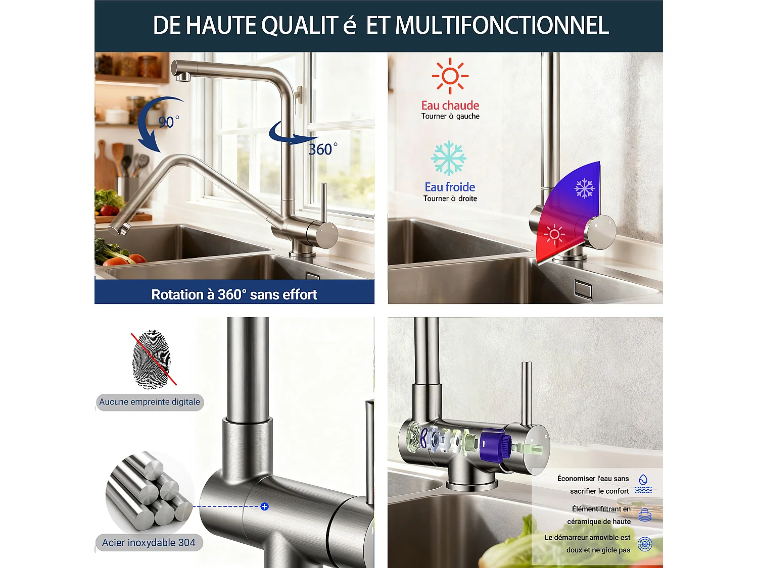 Robinet de Cuisine Brossé Pliable Rotatif à 360°, en Acier Inoxydable 304 Résistant à la Haute Pression