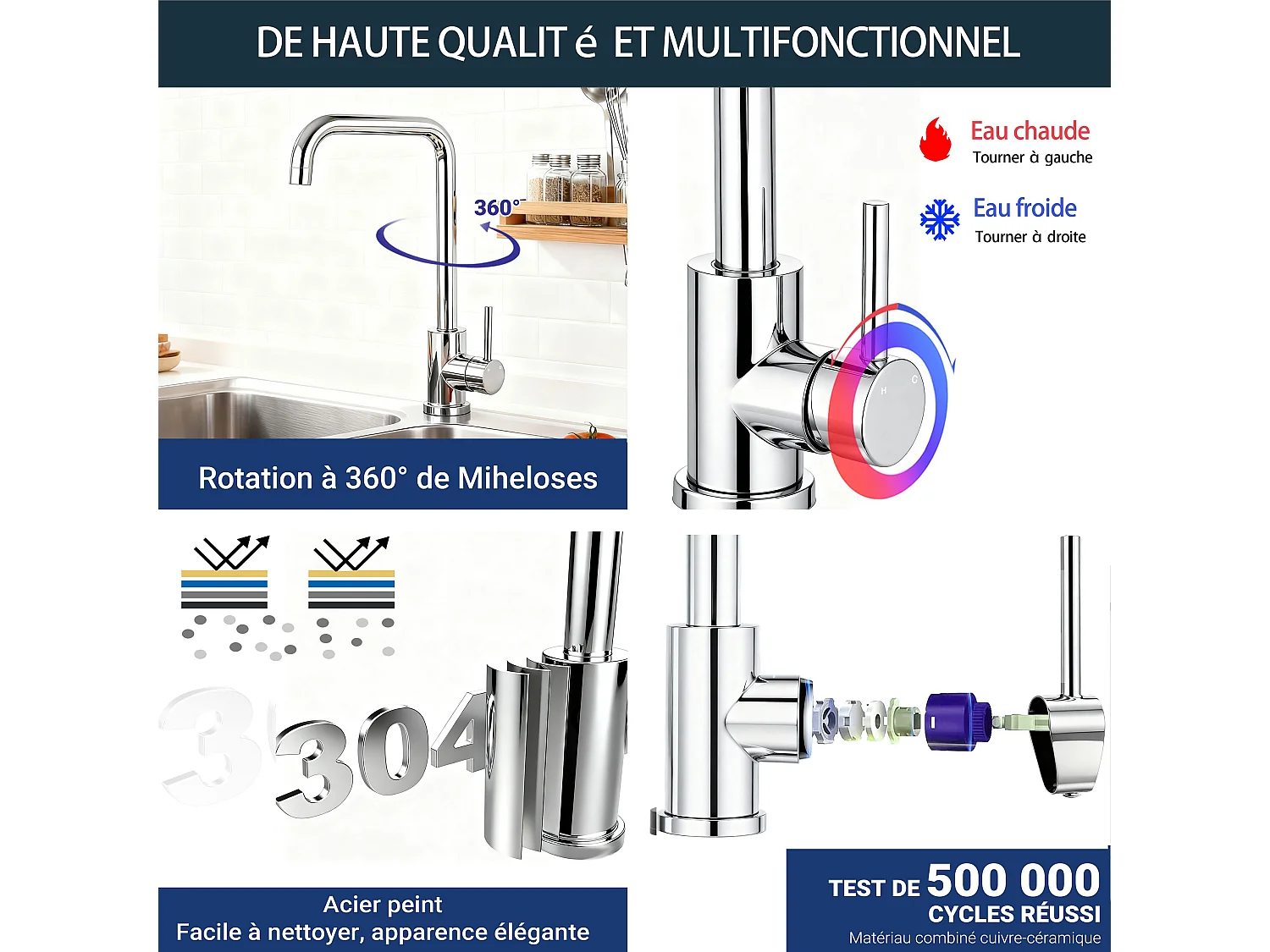 Robinet de Cuisine Chromé Économe en Eau Rotatif à 360°, Design Résistant à la Haute Pression Fabriqué en Acier Inoxydable 304