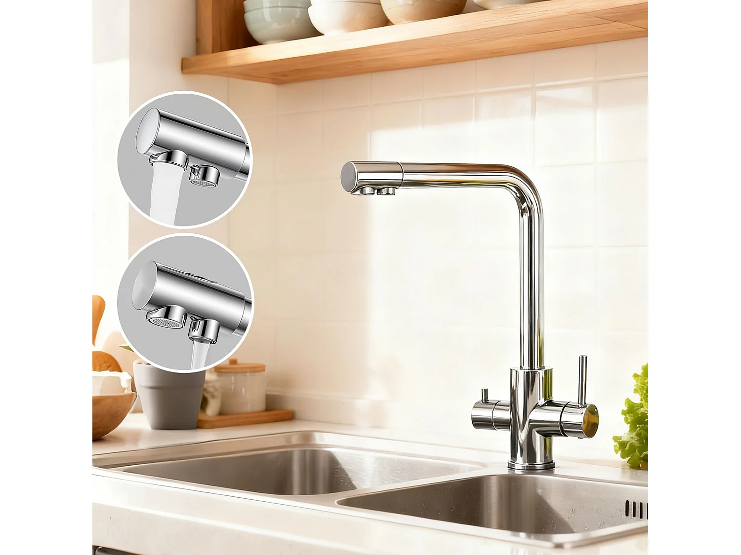 Robinet de Cuisine Chromé 3 Voies avec Filtre à Eau Potable Design 2 Leviers pour Doubles Éviers Pivotant à 360°