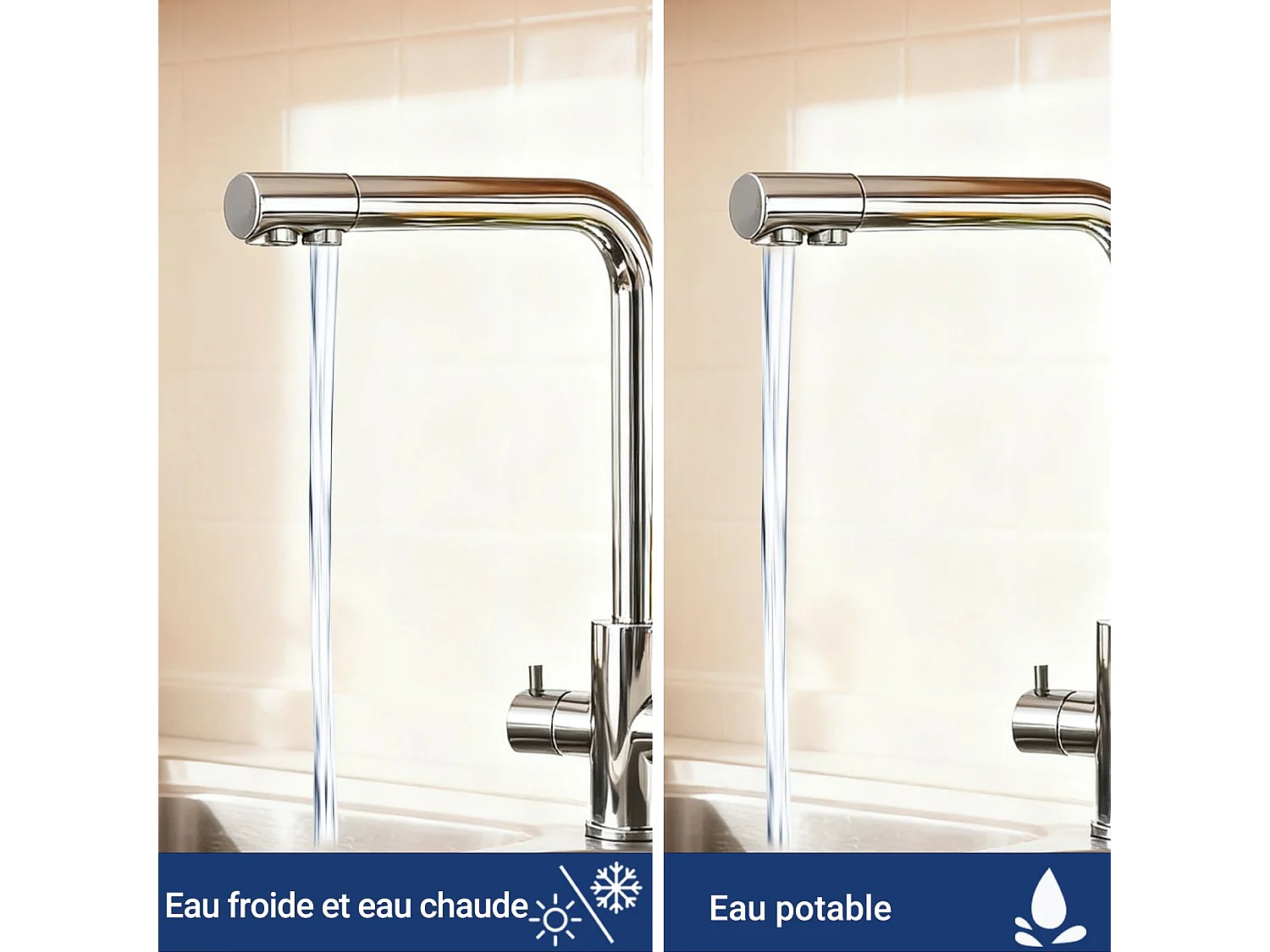 Robinet de Cuisine Chromé 3 Voies avec Filtre à Eau Potable Design 2 Leviers pour Doubles Éviers Pivotant à 360°