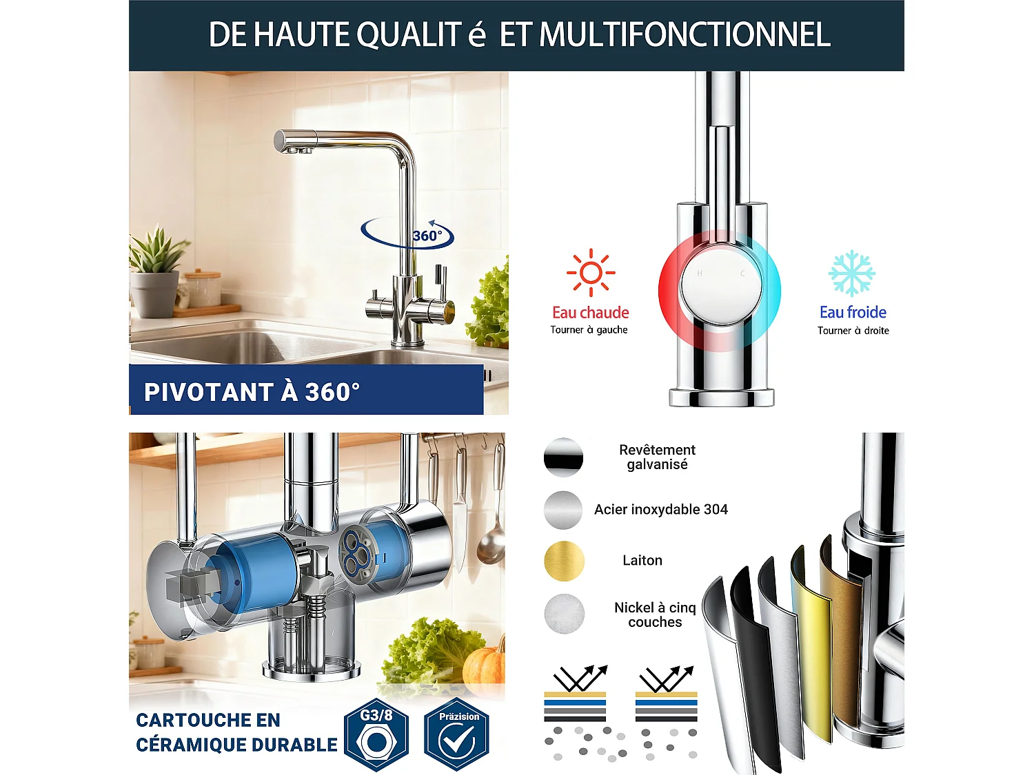 Robinet de Cuisine Chromé 3 Voies avec Filtre à Eau Potable Design 2 Leviers pour Doubles Éviers Pivotant à 360°