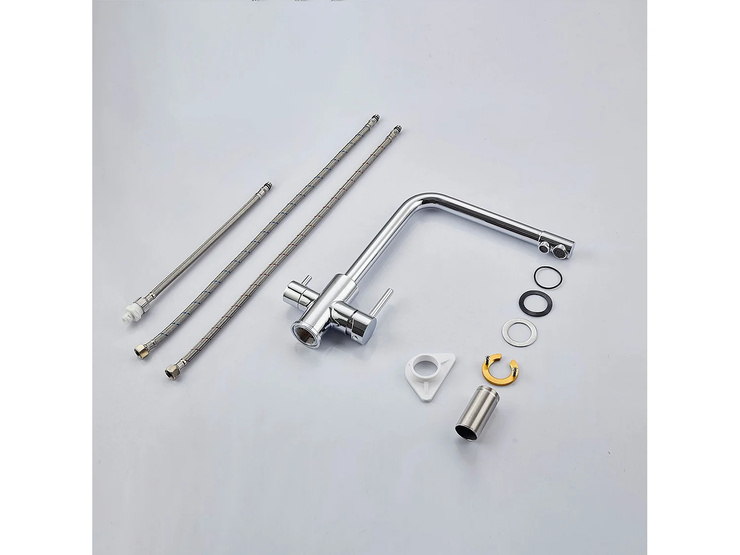 Robinet de Cuisine Chromé 3 Voies avec Filtre à Eau Potable Design 2 Leviers pour Doubles Éviers Pivotant à 360°