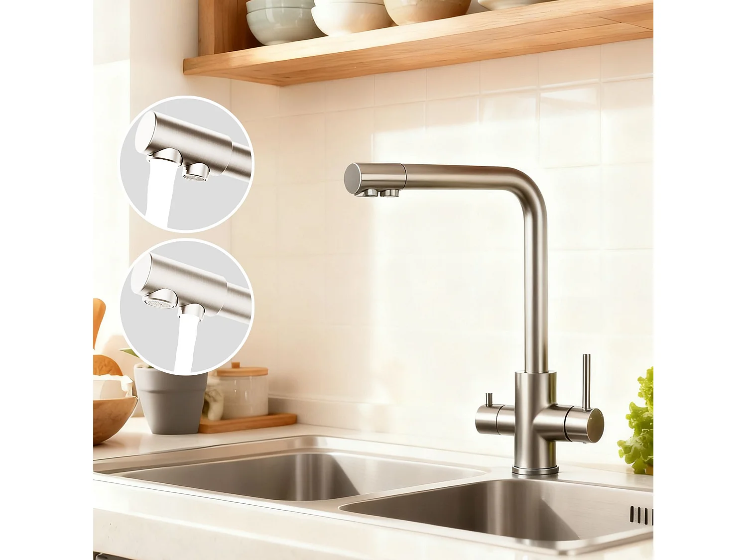 Robinet de Cuisine Brossé 3 Voies avec Filtre à Eau Potable Design 2 Leviers pour Doubles Éviers Pivotant à 360°