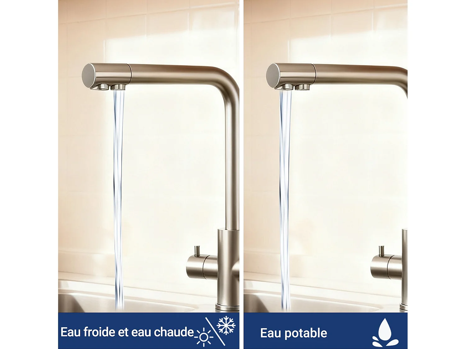 Robinet de Cuisine Brossé 3 Voies avec Filtre à Eau Potable Design 2 Leviers pour Doubles Éviers Pivotant à 360°