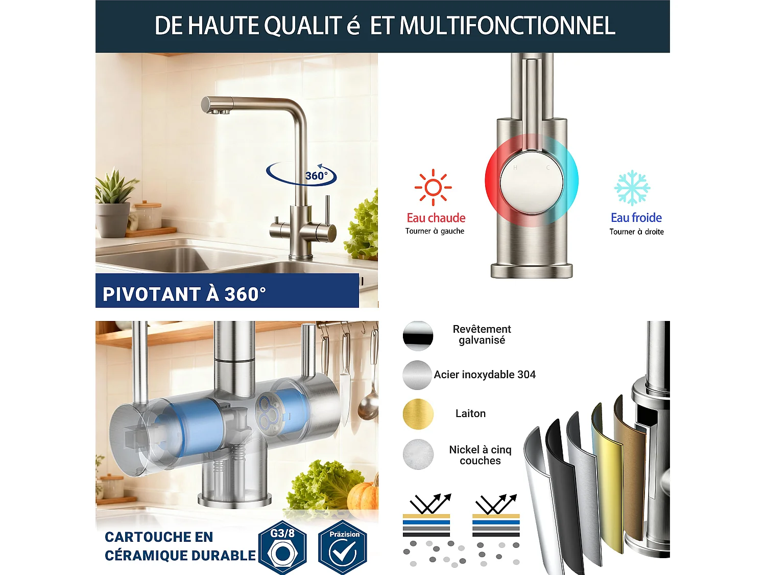 Robinet de Cuisine Brossé 3 Voies avec Filtre à Eau Potable Design 2 Leviers pour Doubles Éviers Pivotant à 360°