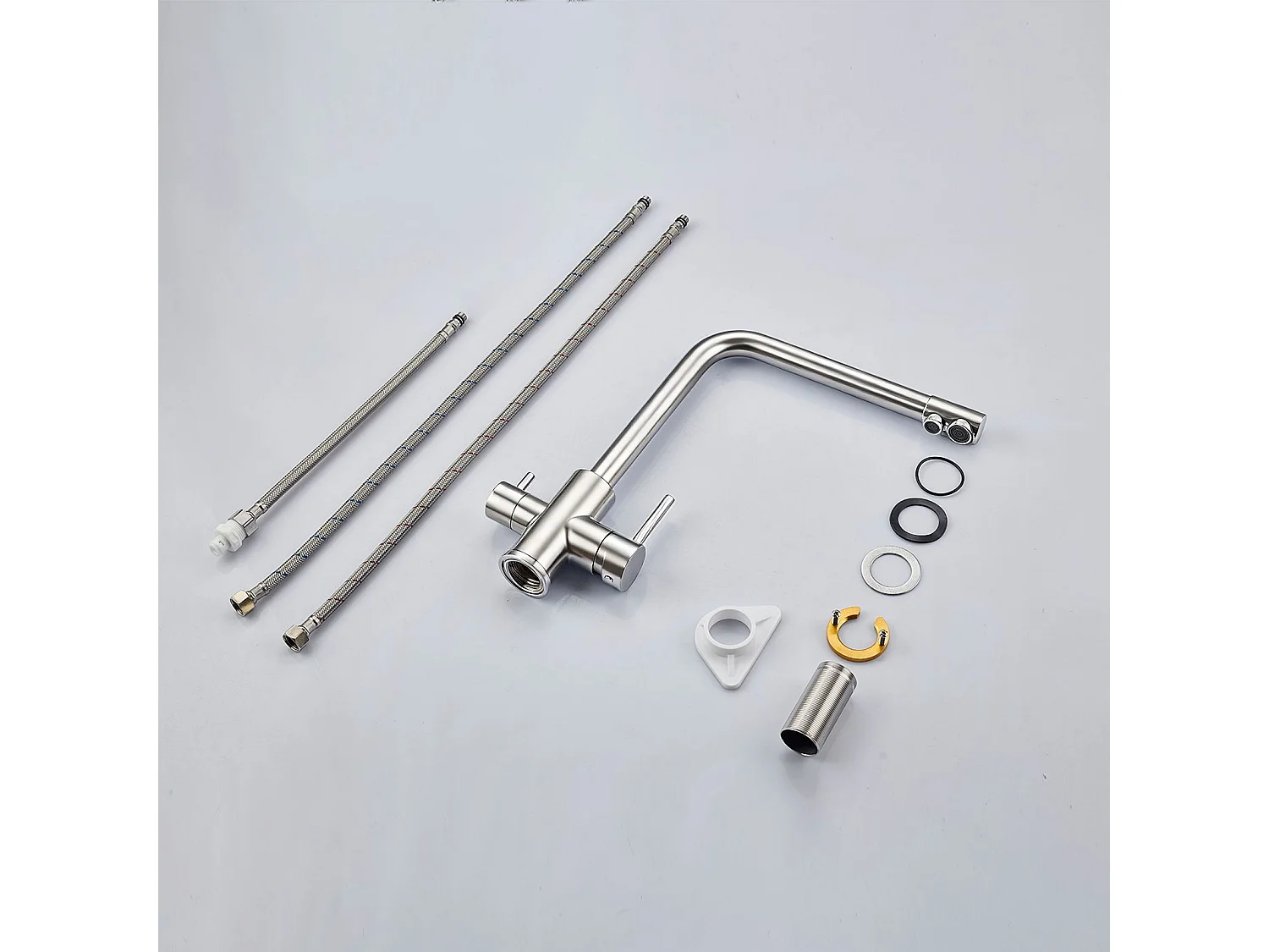 Robinet de Cuisine Brossé 3 Voies avec Filtre à Eau Potable Design 2 Leviers pour Doubles Éviers Pivotant à 360°
