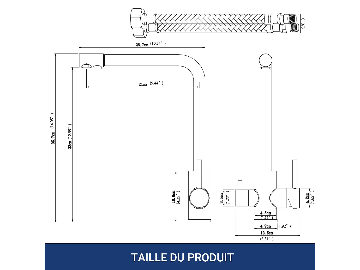 Robinet de Cuisine Brossé 3 Voies avec Filtre à Eau Potable Design 2 Leviers pour Doubles Éviers Pivotant à 360°