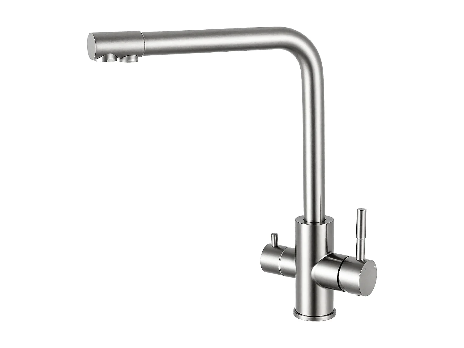 Robinet de Cuisine Brossé 3 Voies avec Filtre à Eau Potable Design 2 Leviers pour Doubles Éviers Pivotant à 360°