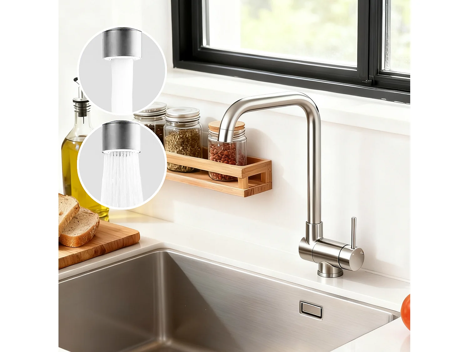Robinet de Cuisine Brossé à Double Fonction Rotatif à 360° et Inclinable en Acier Inoxydable 304 avec Soupape en Céramique