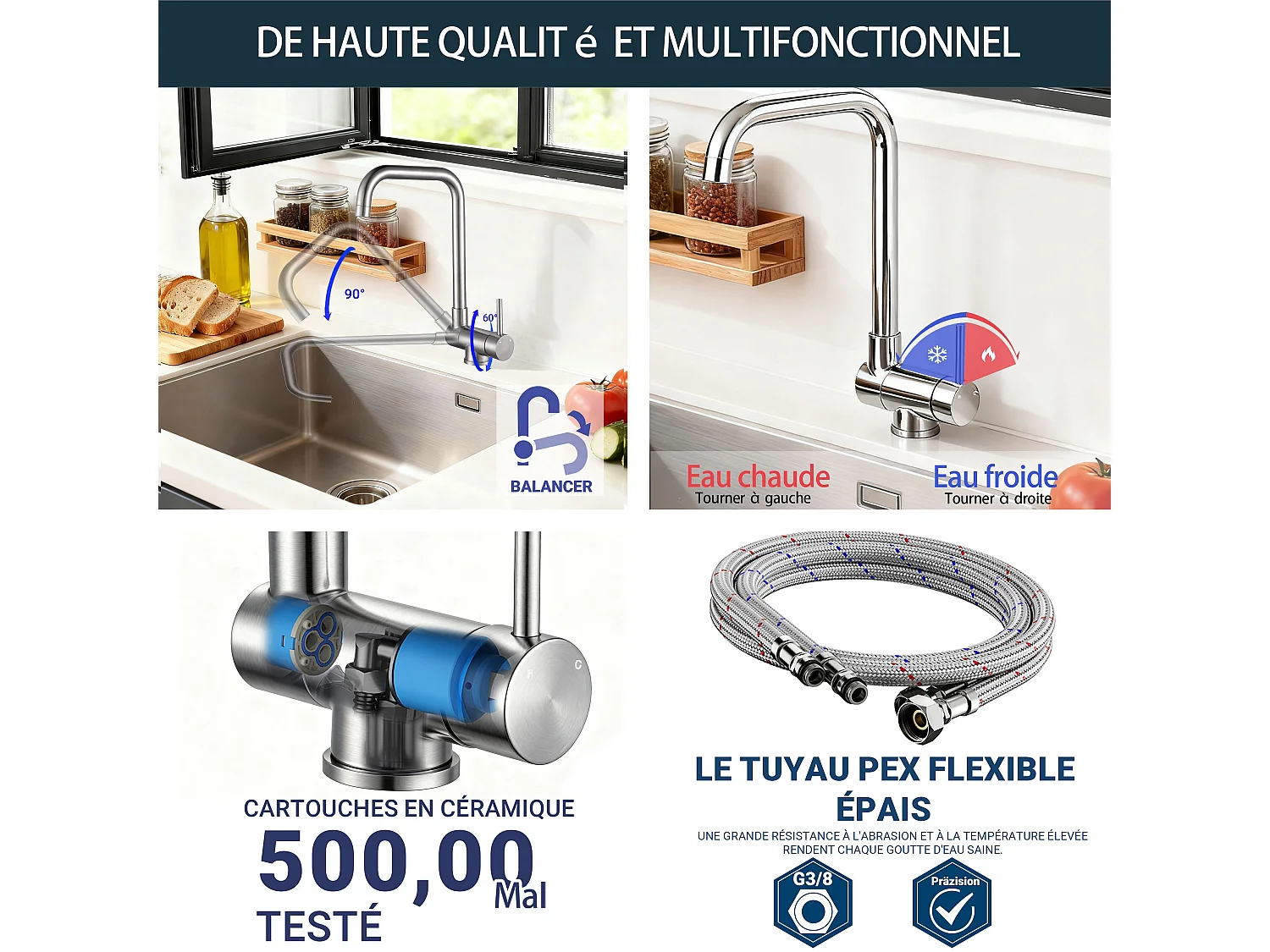 Robinet de Cuisine Brossé à Double Fonction Rotatif à 360° et Inclinable en Acier Inoxydable 304 avec Soupape en Céramique