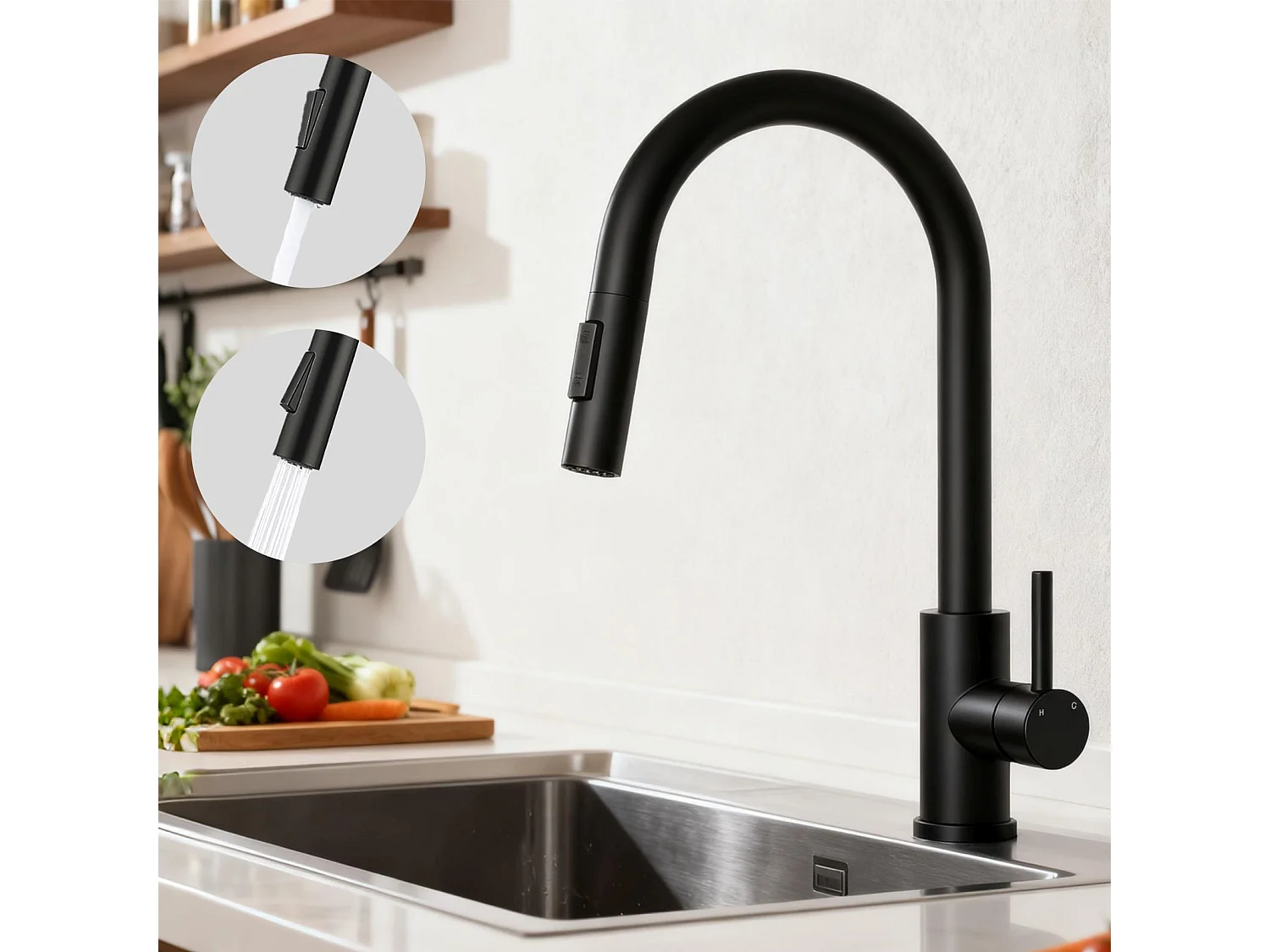 Robinet de Cuisine à Douche Colonne 2 Modes Débit Eau Extractible 360° Rotatif Monocommande Finition Noire Mate