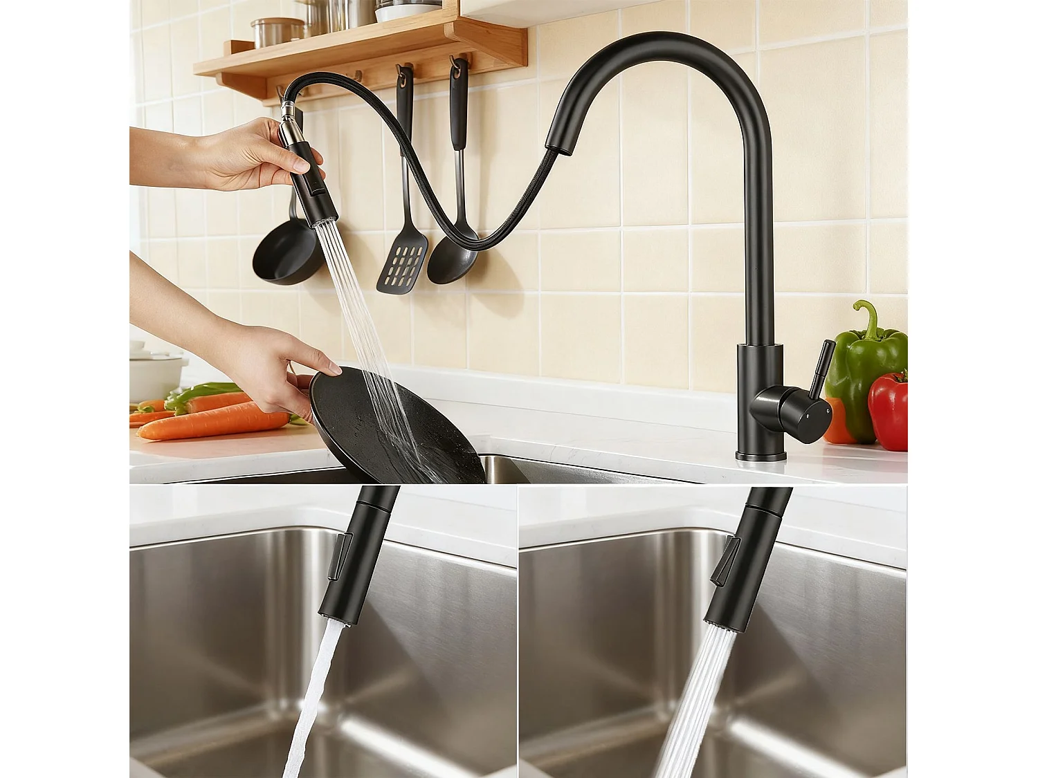 Robinet de Cuisine à Douche Colonne 2 Modes Débit Eau Extractible 360° Rotatif Monocommande Finition Noire Mate