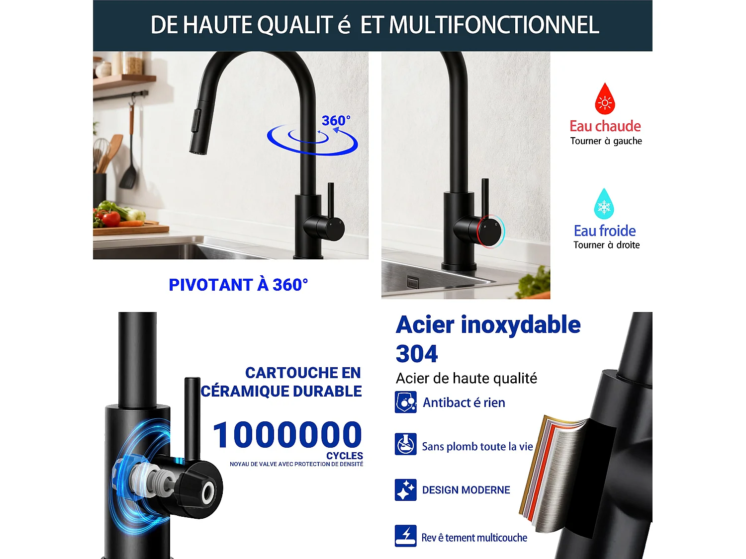 Robinet de Cuisine à Douche Colonne 2 Modes Débit Eau Extractible 360° Rotatif Monocommande Finition Noire Mate