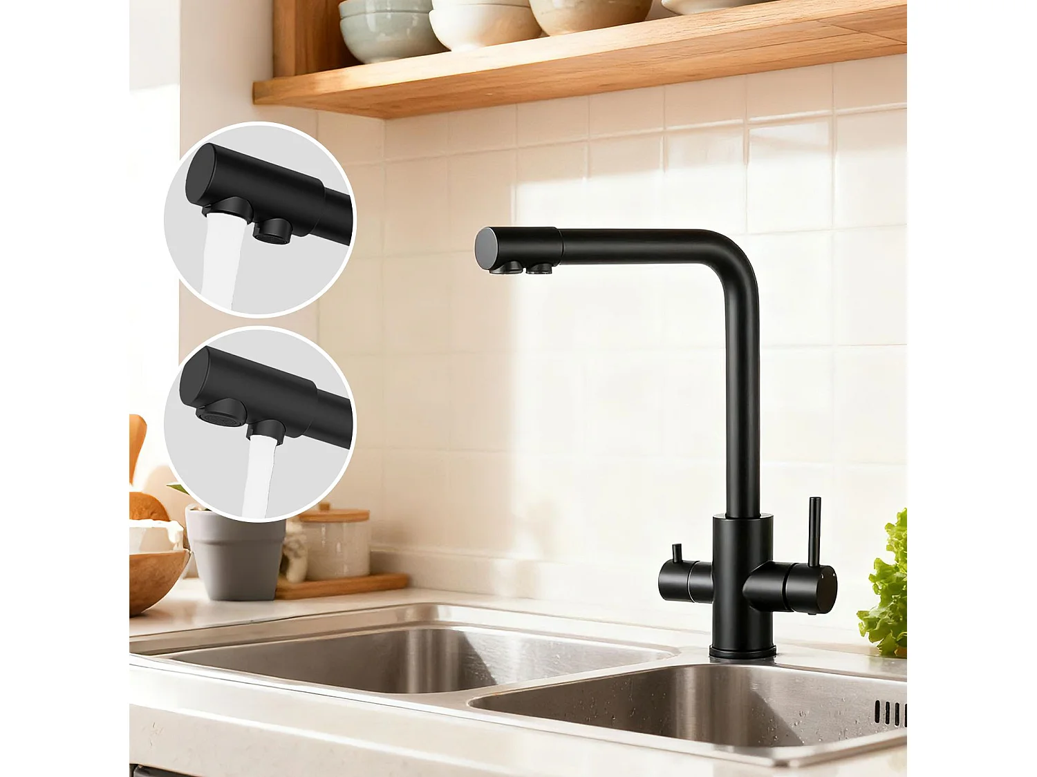 Robinet de Cuisine Noir 3 Voies avec Filtre à Eau Potable Design 2 Leviers pour Doubles Éviers Pivotant à 360°