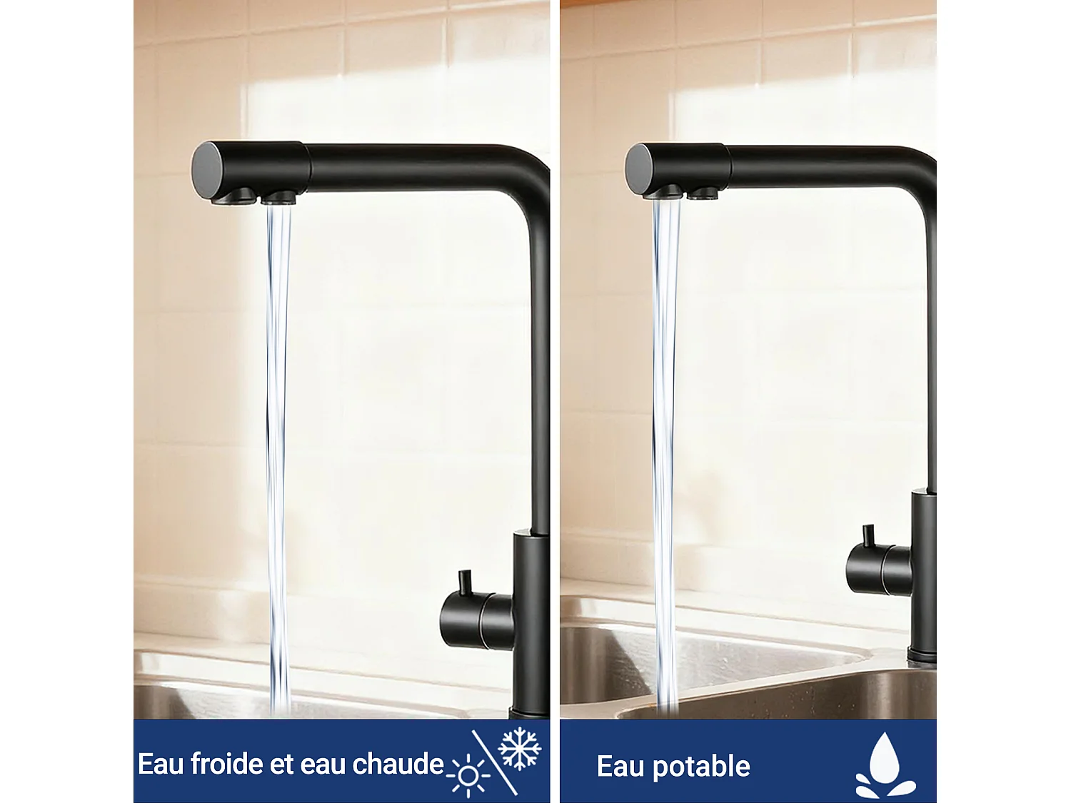 Robinet de Cuisine Noir 3 Voies avec Filtre à Eau Potable Design 2 Leviers pour Doubles Éviers Pivotant à 360°