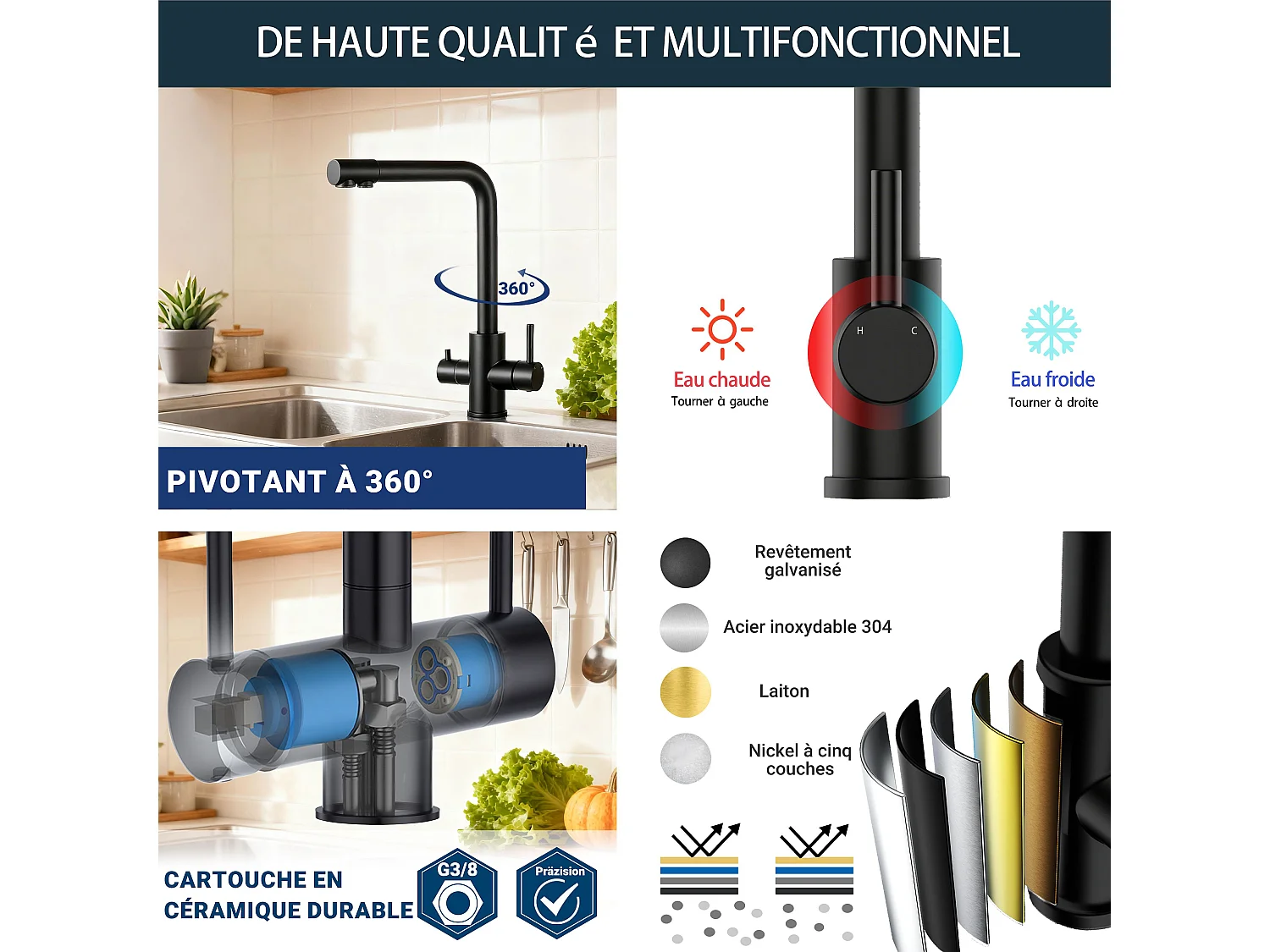 Robinet de Cuisine Noir 3 Voies avec Filtre à Eau Potable Design 2 Leviers pour Doubles Éviers Pivotant à 360°