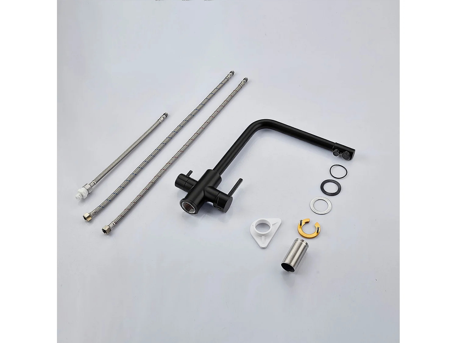 Robinet de Cuisine Noir 3 Voies avec Filtre à Eau Potable Design 2 Leviers pour Doubles Éviers Pivotant à 360°