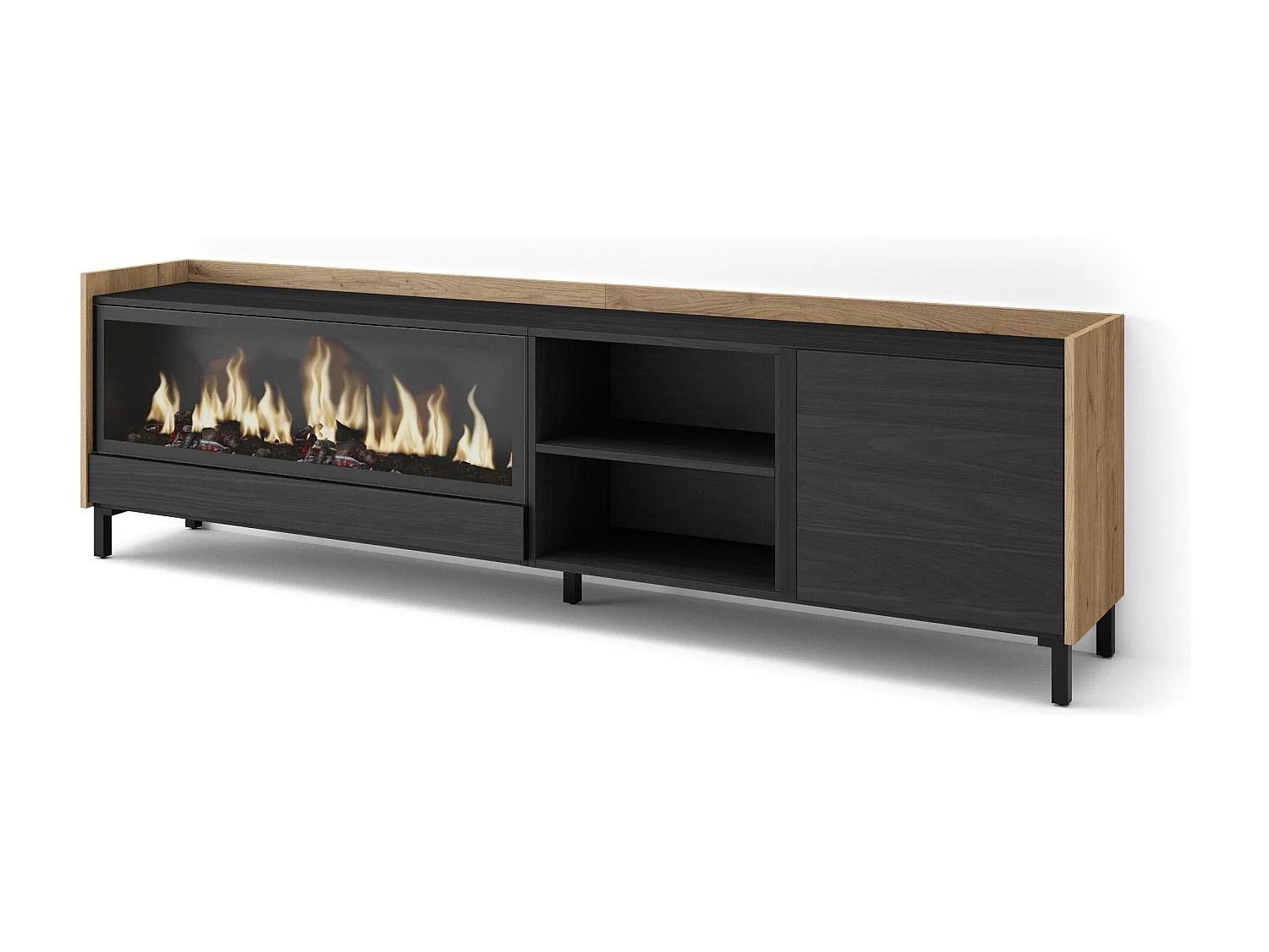 TV-Schrank, Lowboard, 212x61x35 cm, Für TV-Geräte bis zu 80", Elektrokamin XXL, Industriedesign, Schwarz Eiche