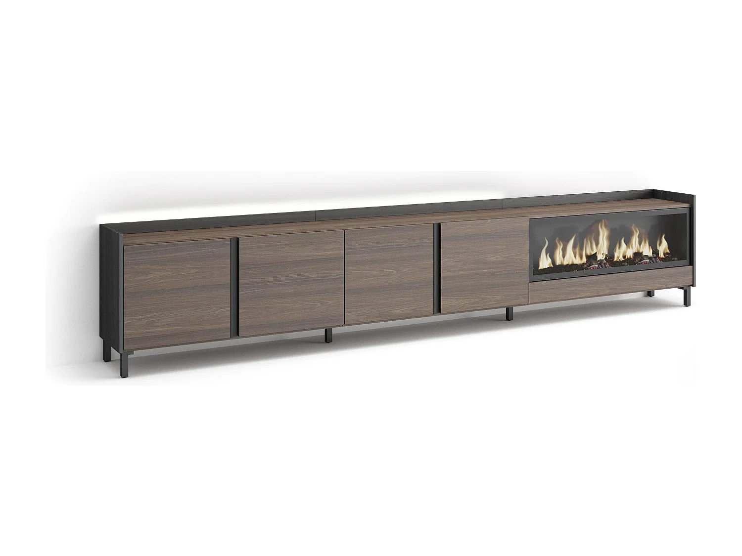 Mueble TV, Televisión, 315x61x35 cm, Para TV hasta 80", Chimenea eléctrica XXL, Diseño industrial, LED, Roble oscuro y Negro