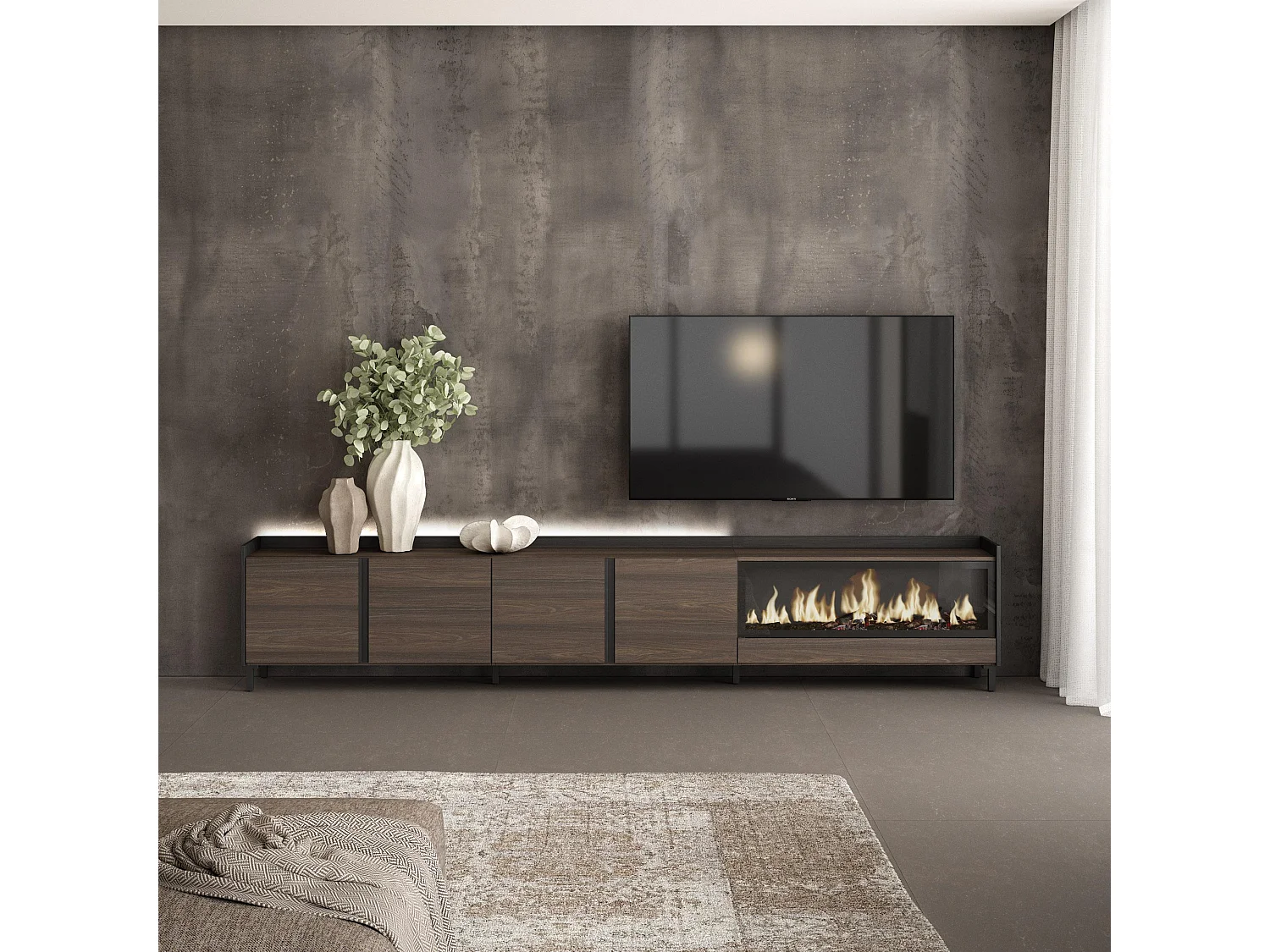 Mueble TV, Televisión, 315x61x35 cm, Para TV hasta 80", Chimenea eléctrica XXL, Diseño industrial, LED, Roble oscuro y Negro