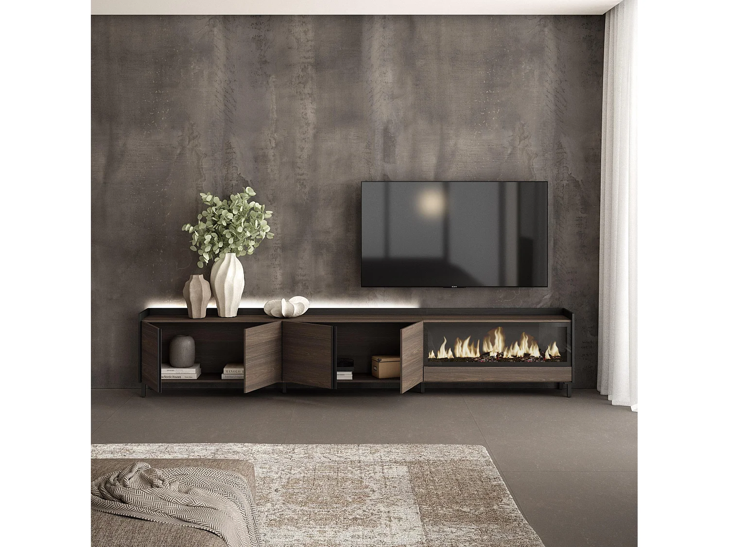 Mueble TV, Televisión, 315x61x35 cm, Para TV hasta 80", Chimenea eléctrica XXL, Diseño industrial, LED, Roble oscuro y Negro