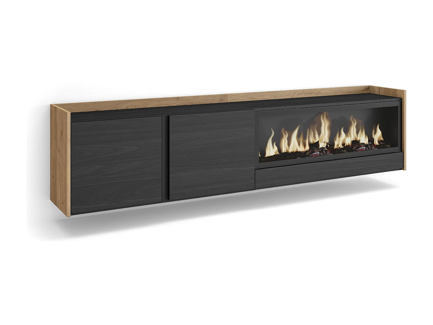 TV-Schrank, Lowboard, 212x50x35 cm, Für TV-Geräte bis zu 80", Elektrokamin XXL, Hängend, Schwarz Eiche