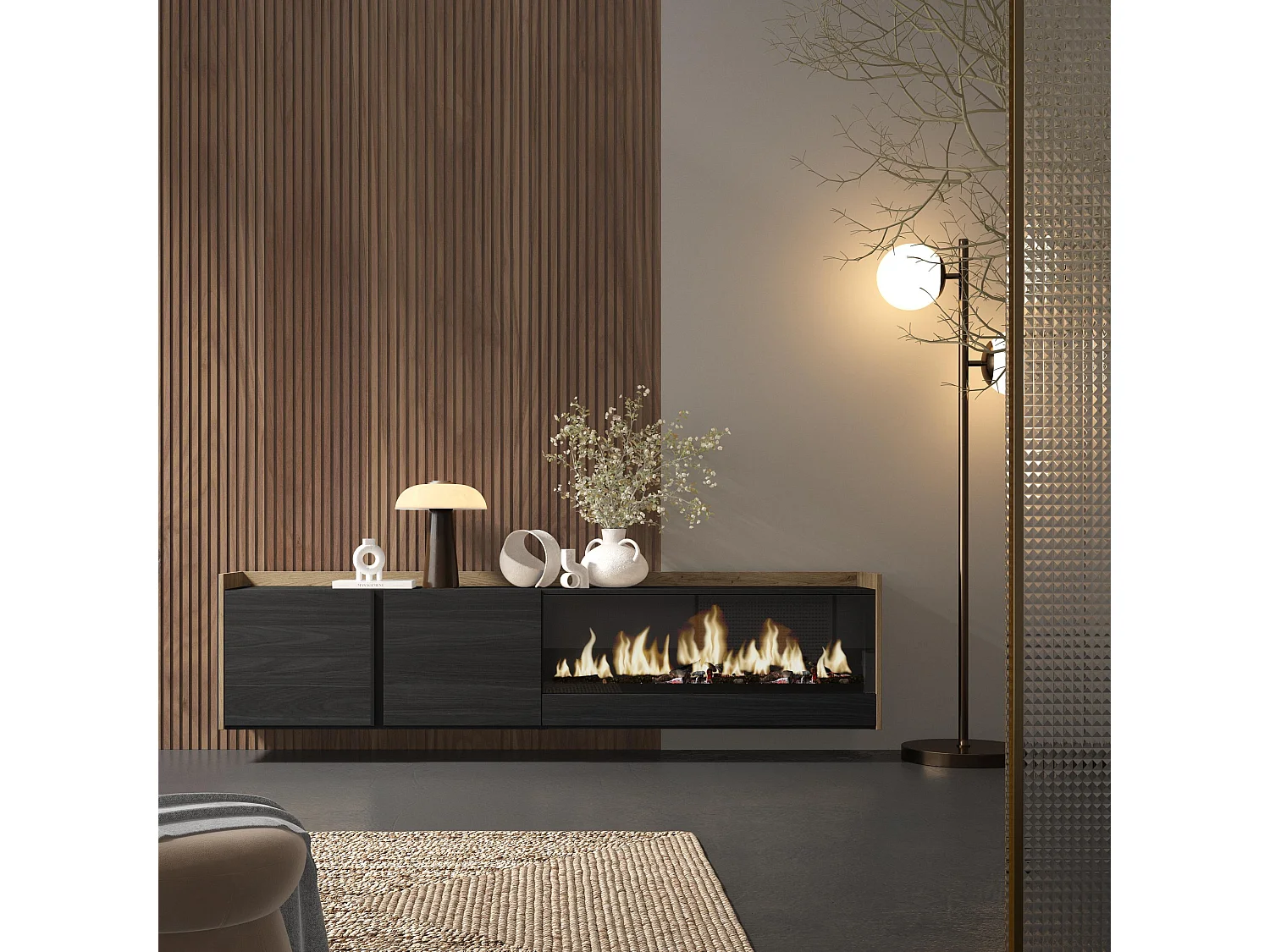 TV-Schrank, Lowboard, 212x50x35 cm, Für TV-Geräte bis zu 80", Elektrokamin XXL, Hängend, Schwarz Eiche