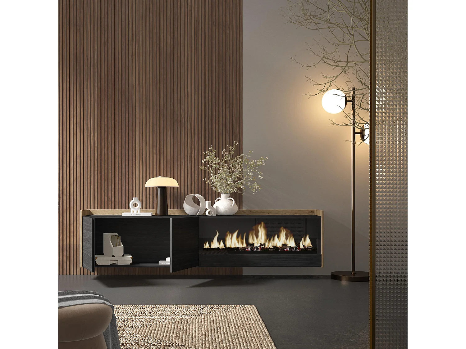 TV-Schrank, Lowboard, 212x50x35 cm, Für TV-Geräte bis zu 80", Elektrokamin XXL, Hängend, Schwarz Eiche