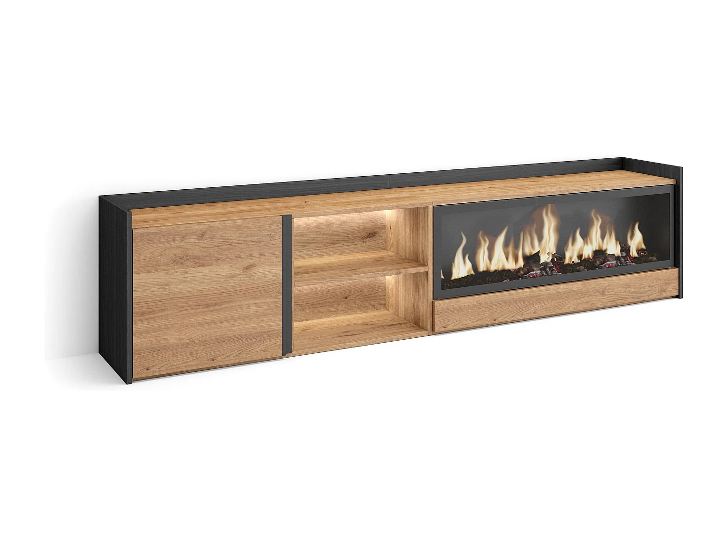 TV-Schrank, Lowboard, 212x50x35 cm, Für TV-Geräte bis zu 80", Elektrokamin XXL, LED, Eiche Schwarz