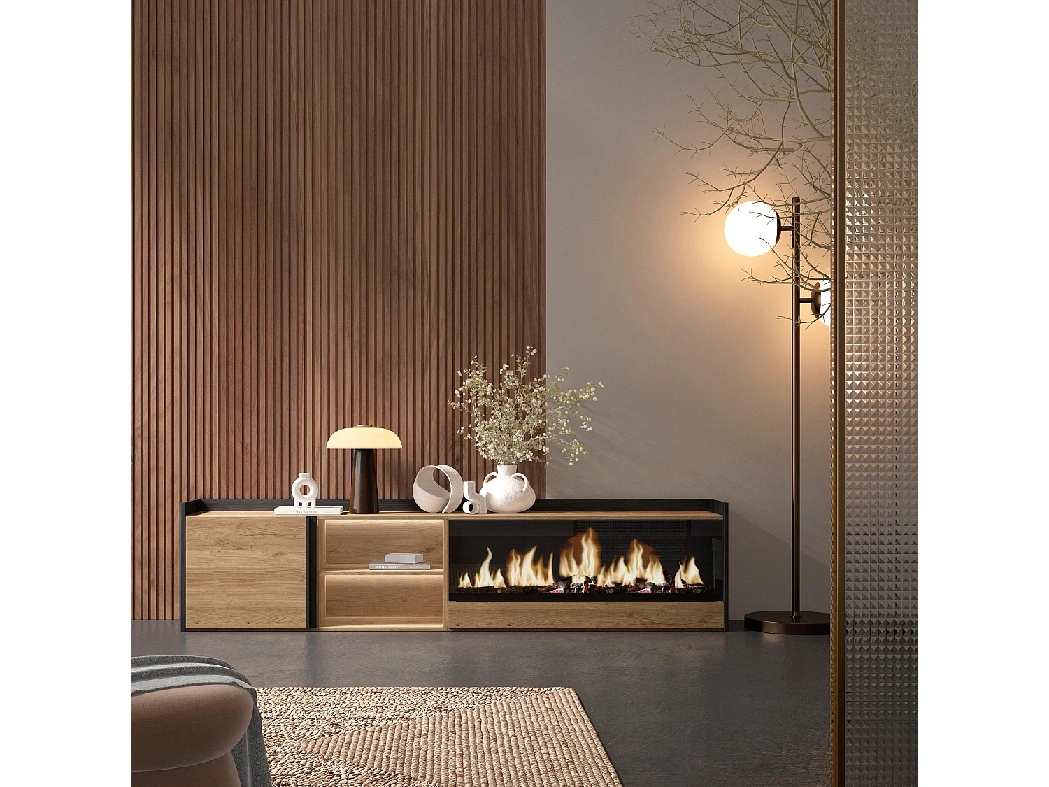 TV-Schrank, Lowboard, 212x50x35 cm, Für TV-Geräte bis zu 80", Elektrokamin XXL, LED, Eiche Schwarz