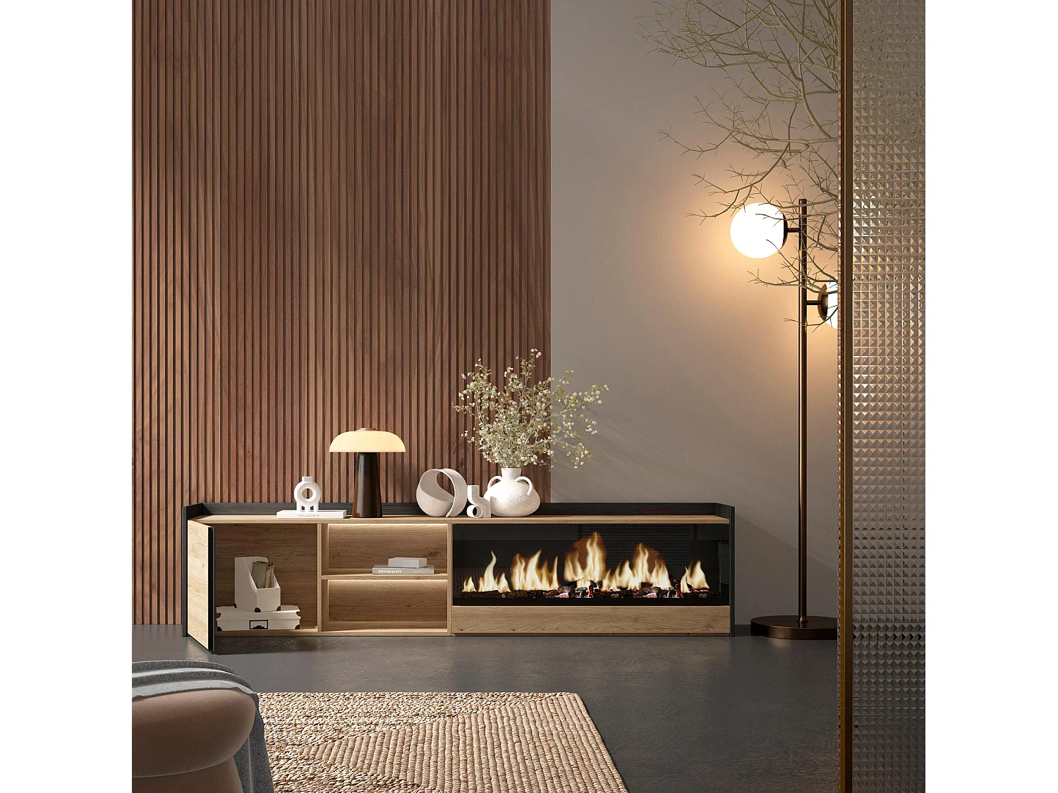 TV-Schrank, Lowboard, 212x50x35 cm, Für TV-Geräte bis zu 80", Elektrokamin XXL, LED, Eiche Schwarz