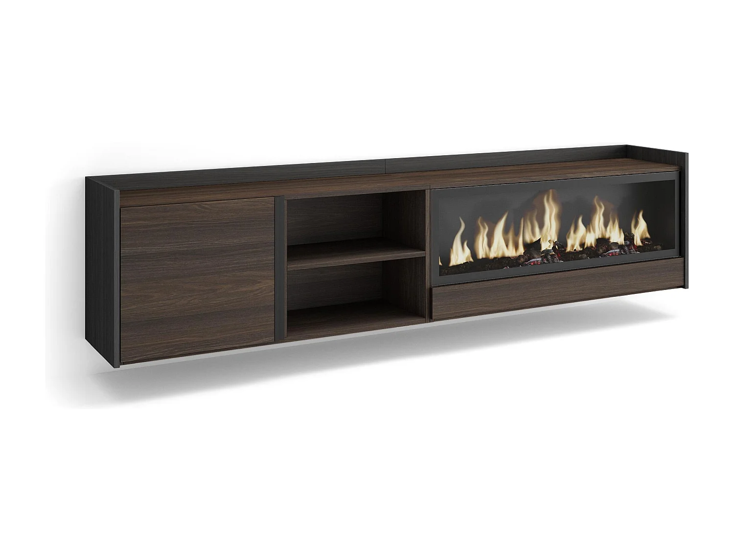 TV-Schrank, Lowboard, 212x50x35 cm, Für TV-Geräte bis zu 80", Elektrokamin XXL, Hängend, Dunkler Eiche und Schwarz