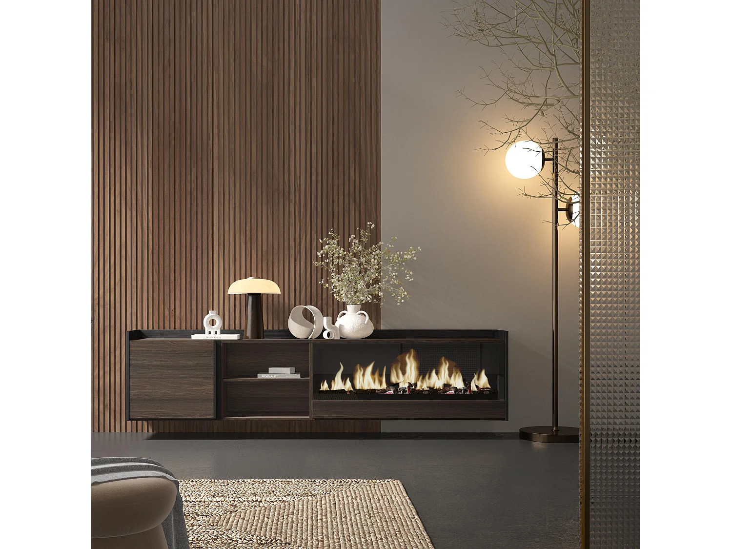 TV-Schrank, Lowboard, 212x50x35 cm, Für TV-Geräte bis zu 80", Elektrokamin XXL, Hängend, Dunkler Eiche und Schwarz