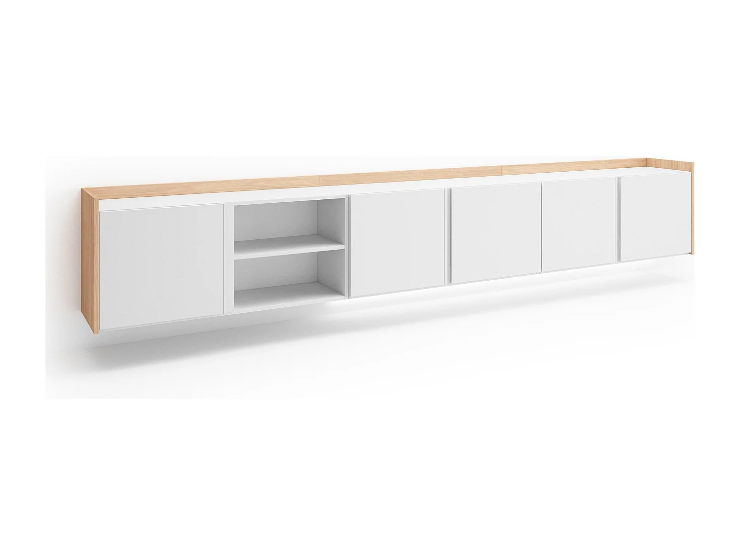 TV-Schrank, Lowboard, 309x50x35 cm, Für TV-Geräte bis zu 80", Hängend, LED, Weiß und Eiche Soft