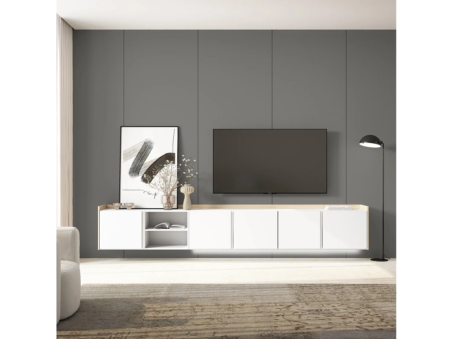 TV-Schrank, Lowboard, 309x50x35 cm, Für TV-Geräte bis zu 80", Hängend, LED, Weiß und Eiche Soft